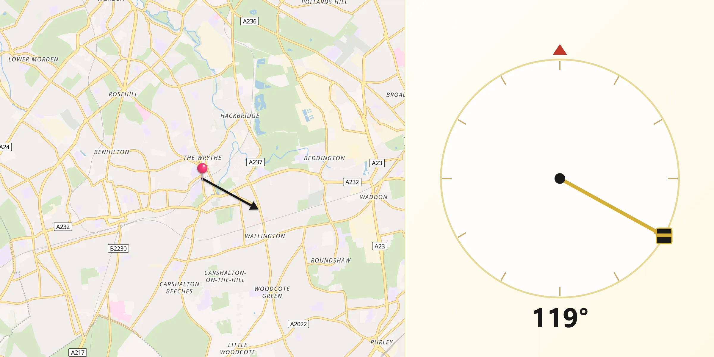 Qibla Direction from Carshalton