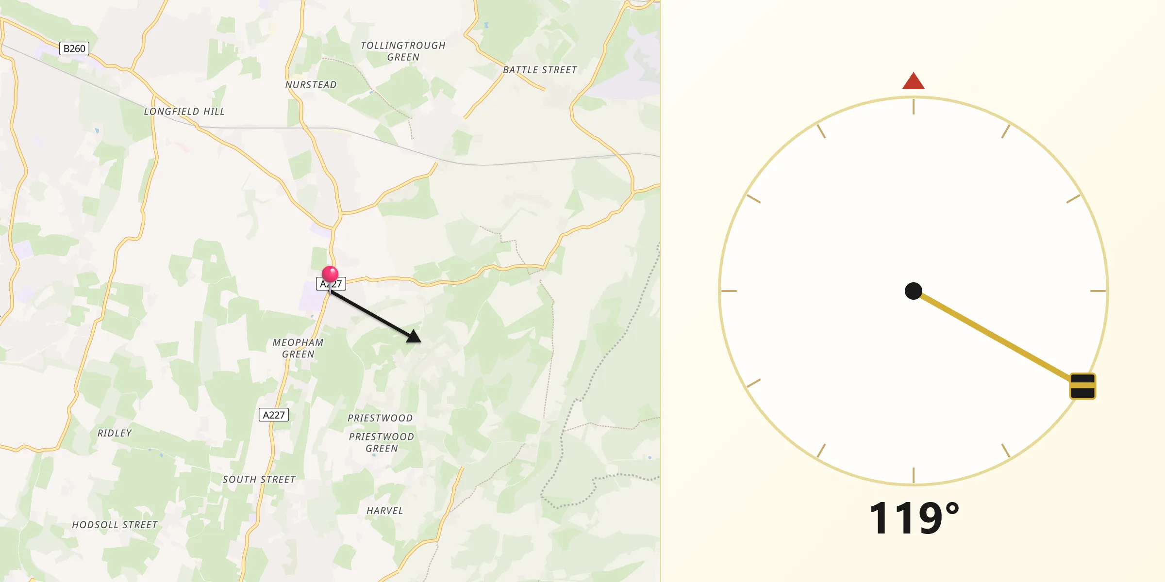 Qibla Direction from Meopham