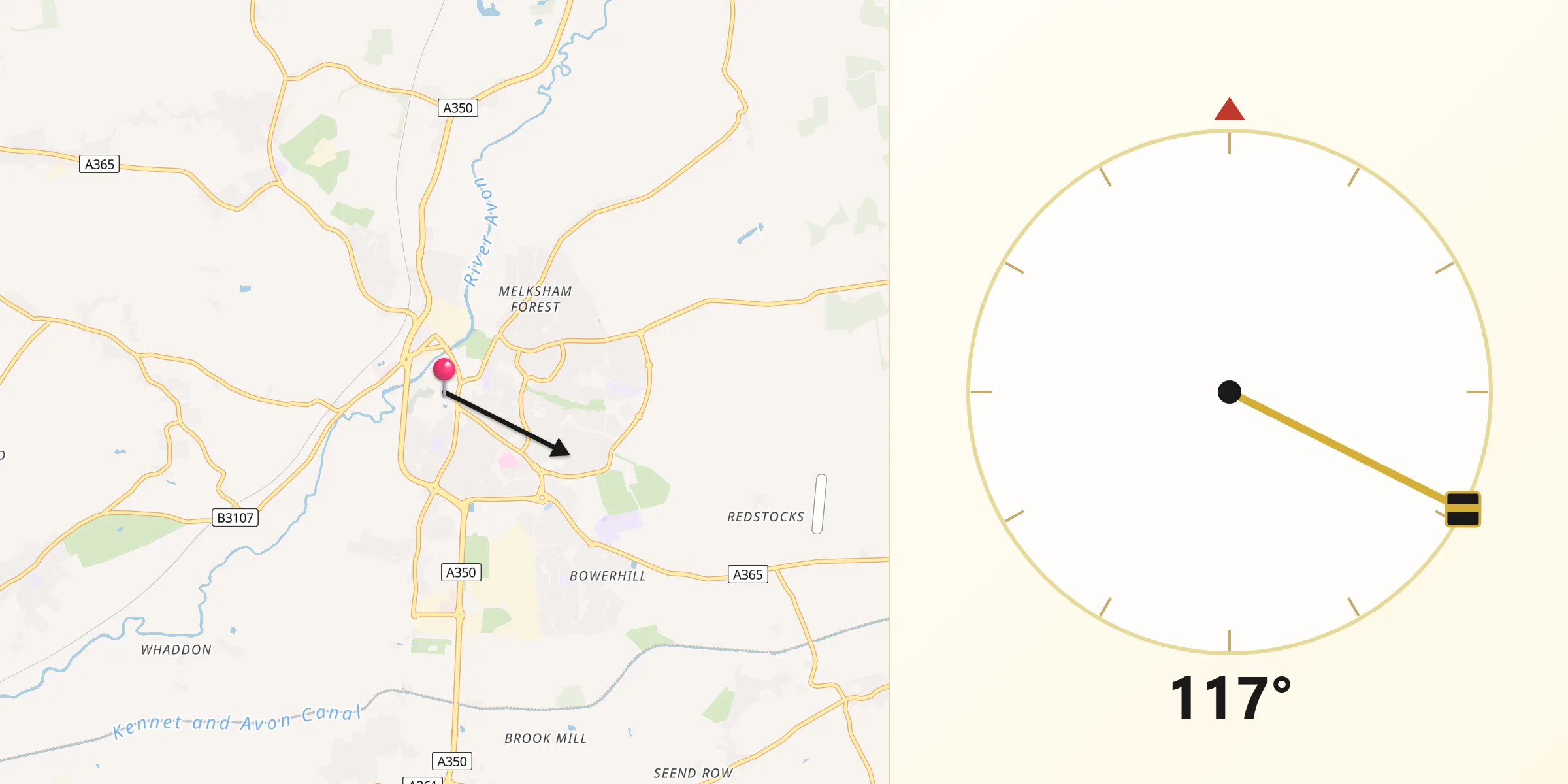 Qibla Direction from Melksham