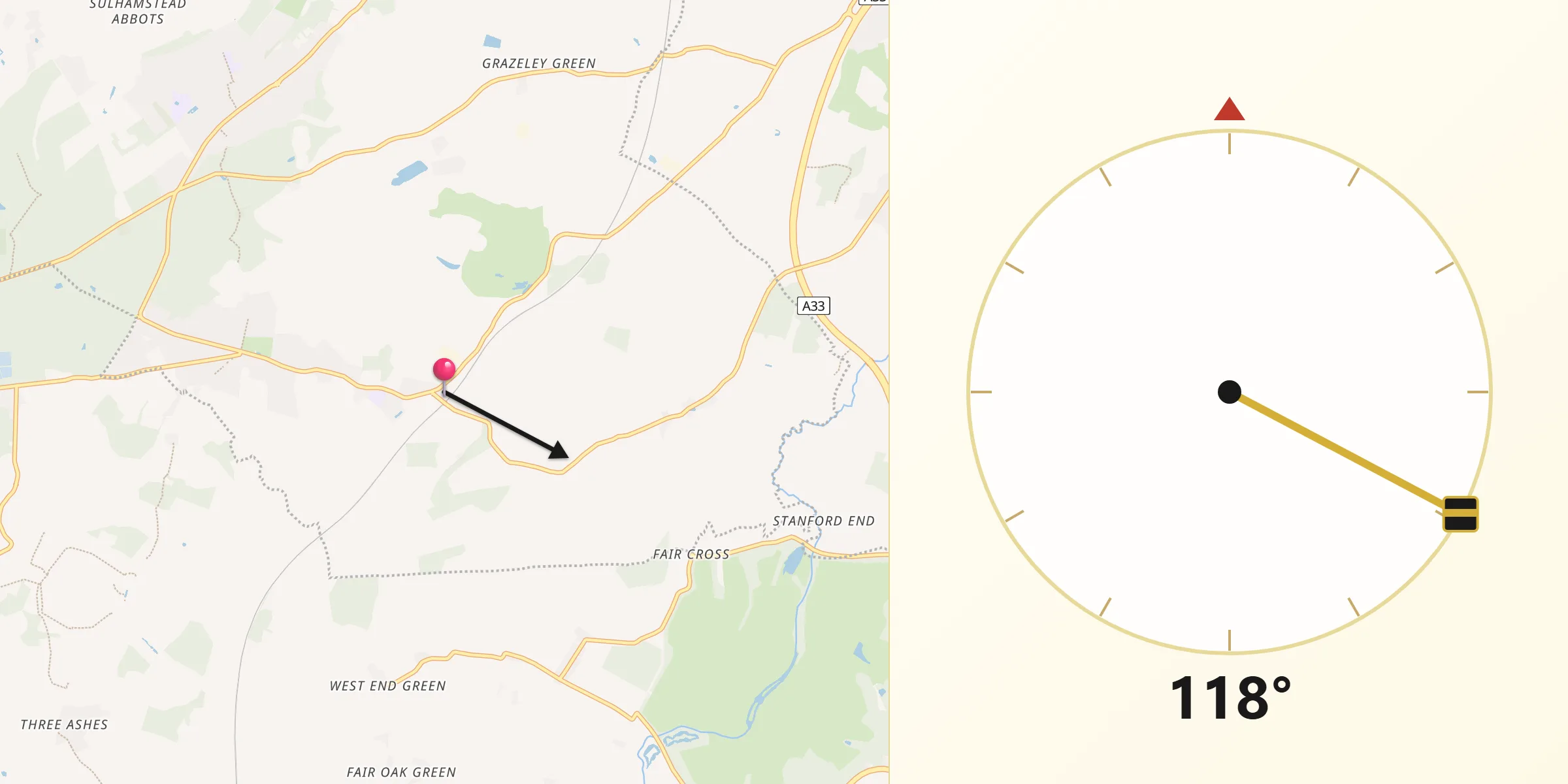 Qibla Direction from Stratfield Mortimer