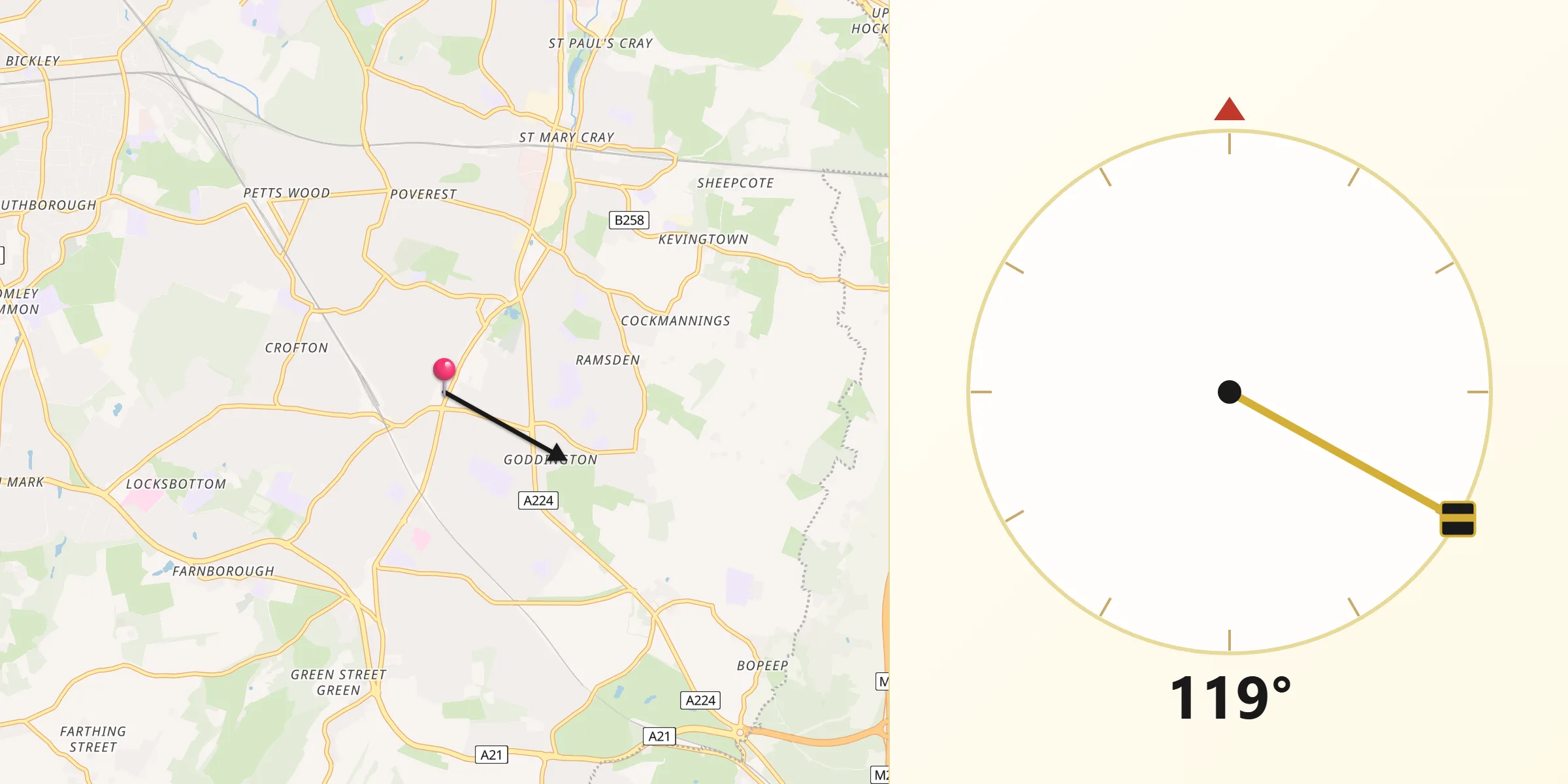Qibla Direction from Orpington