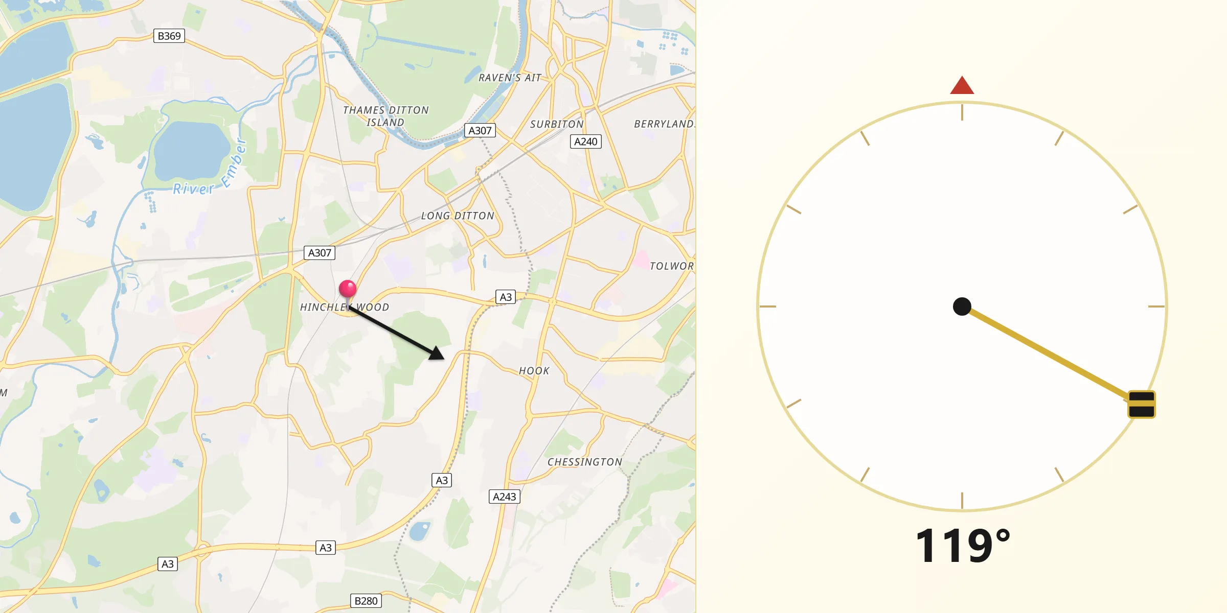 Qibla Direction from Hinchley Wood