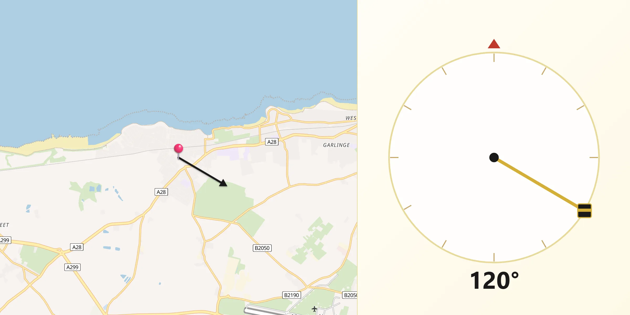 Qibla Direction from Birchington-on-Sea