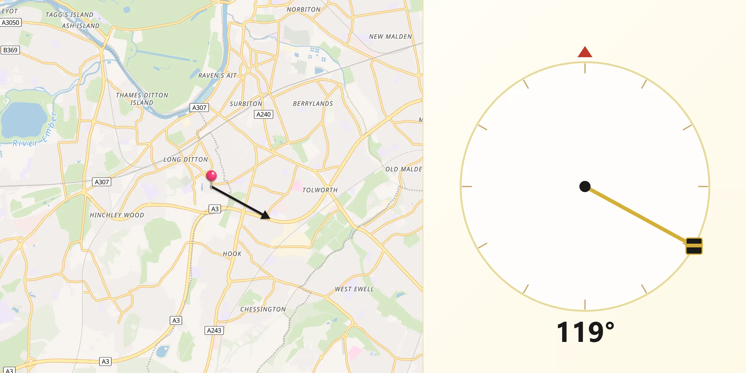Qibla Direction from Ditton Hill