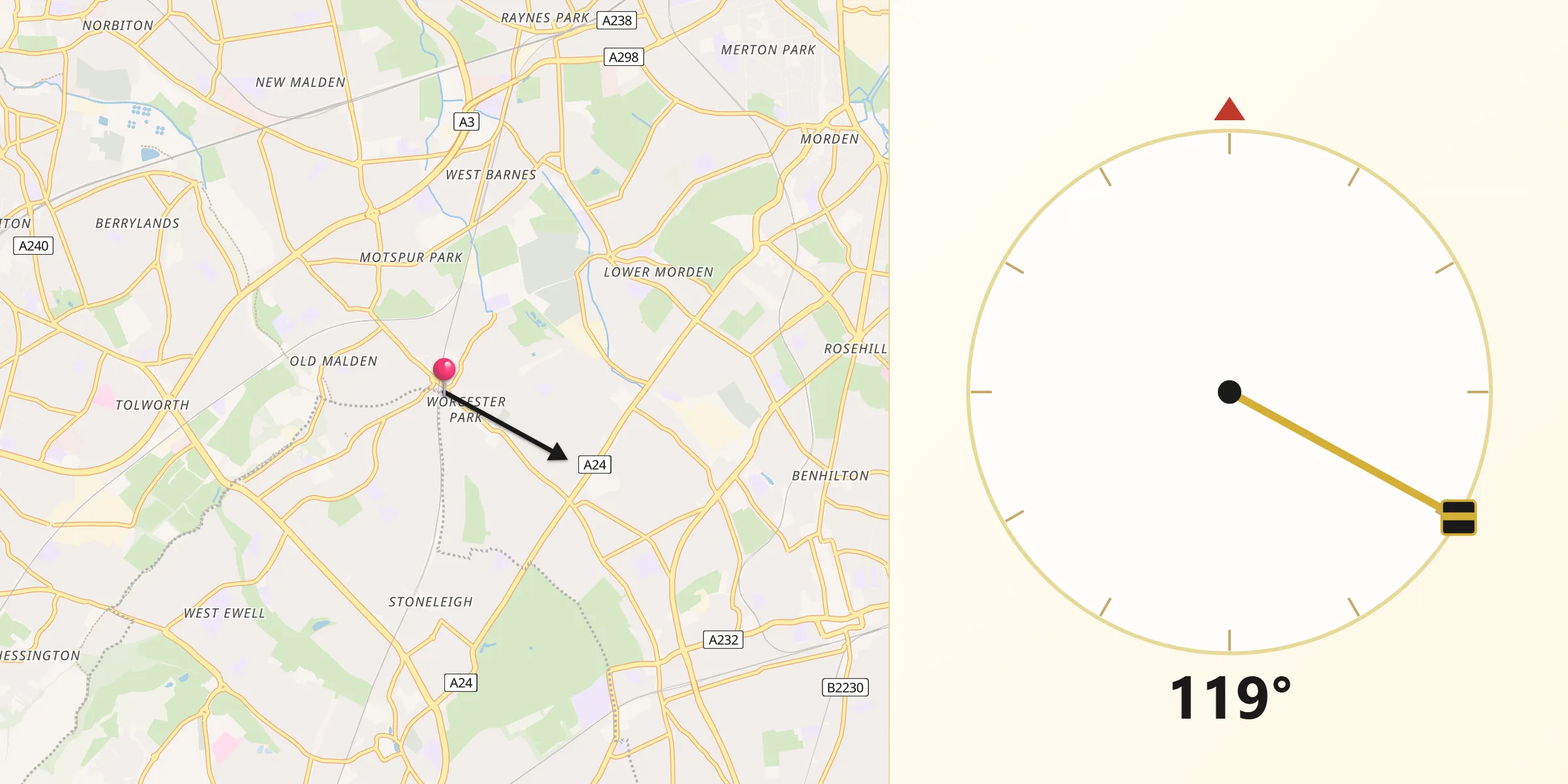 Qibla Direction from Worcester Park