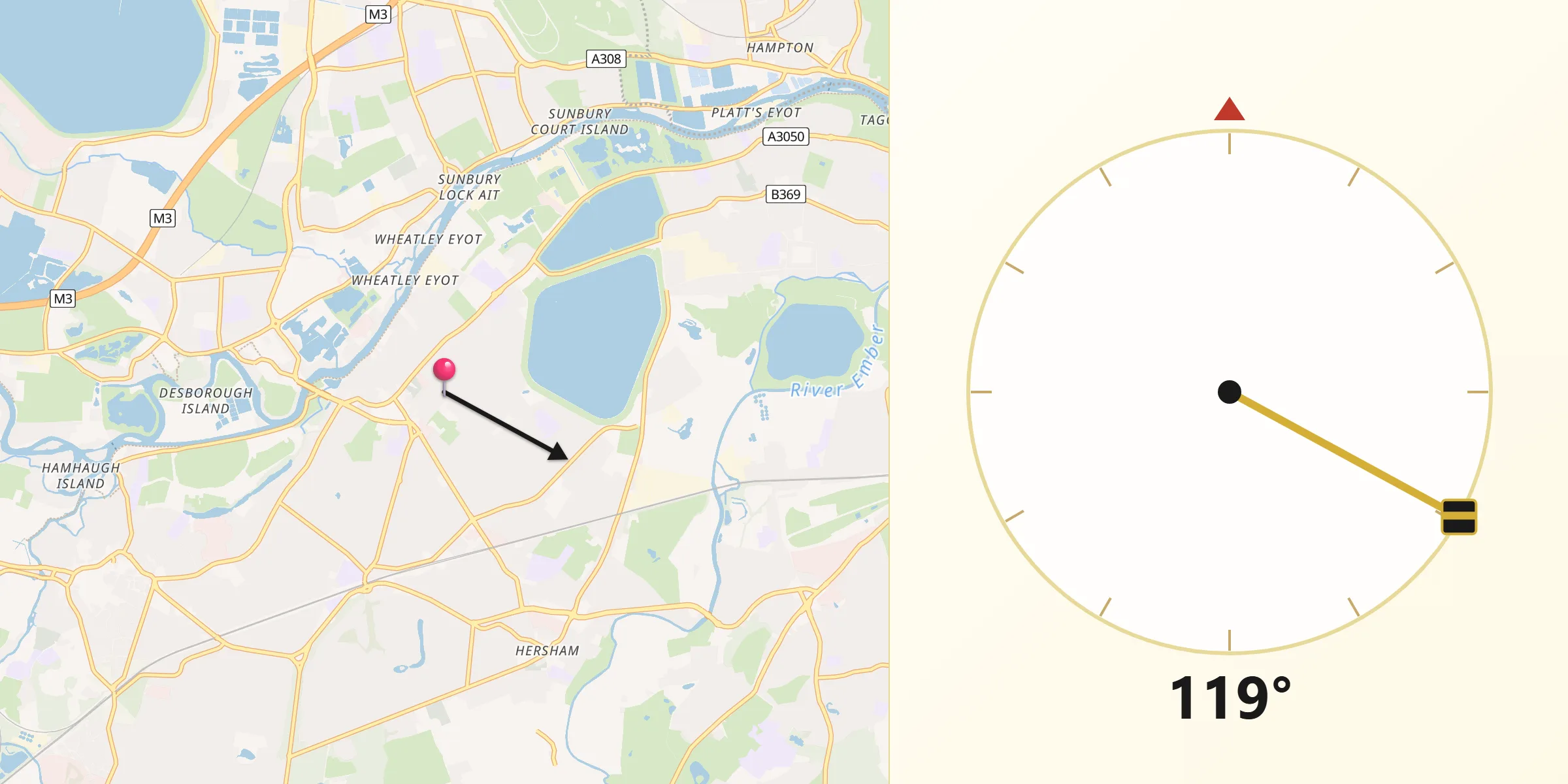 Qibla Direction from Walton on Thames