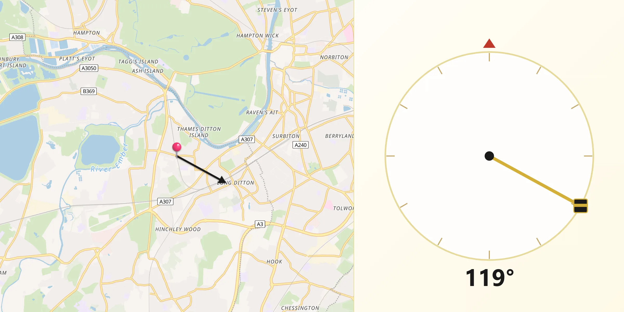 Qibla Direction from Thames Ditton