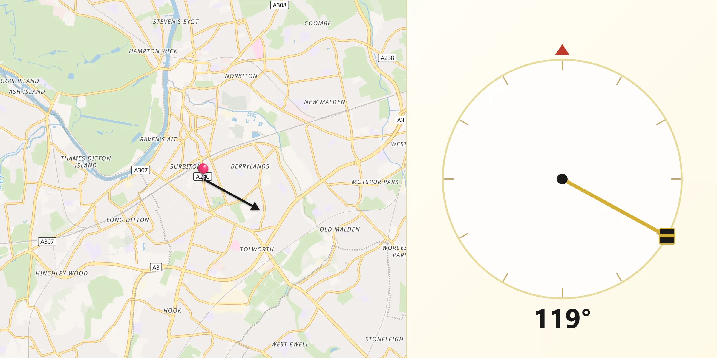 Qibla Direction from Surbiton