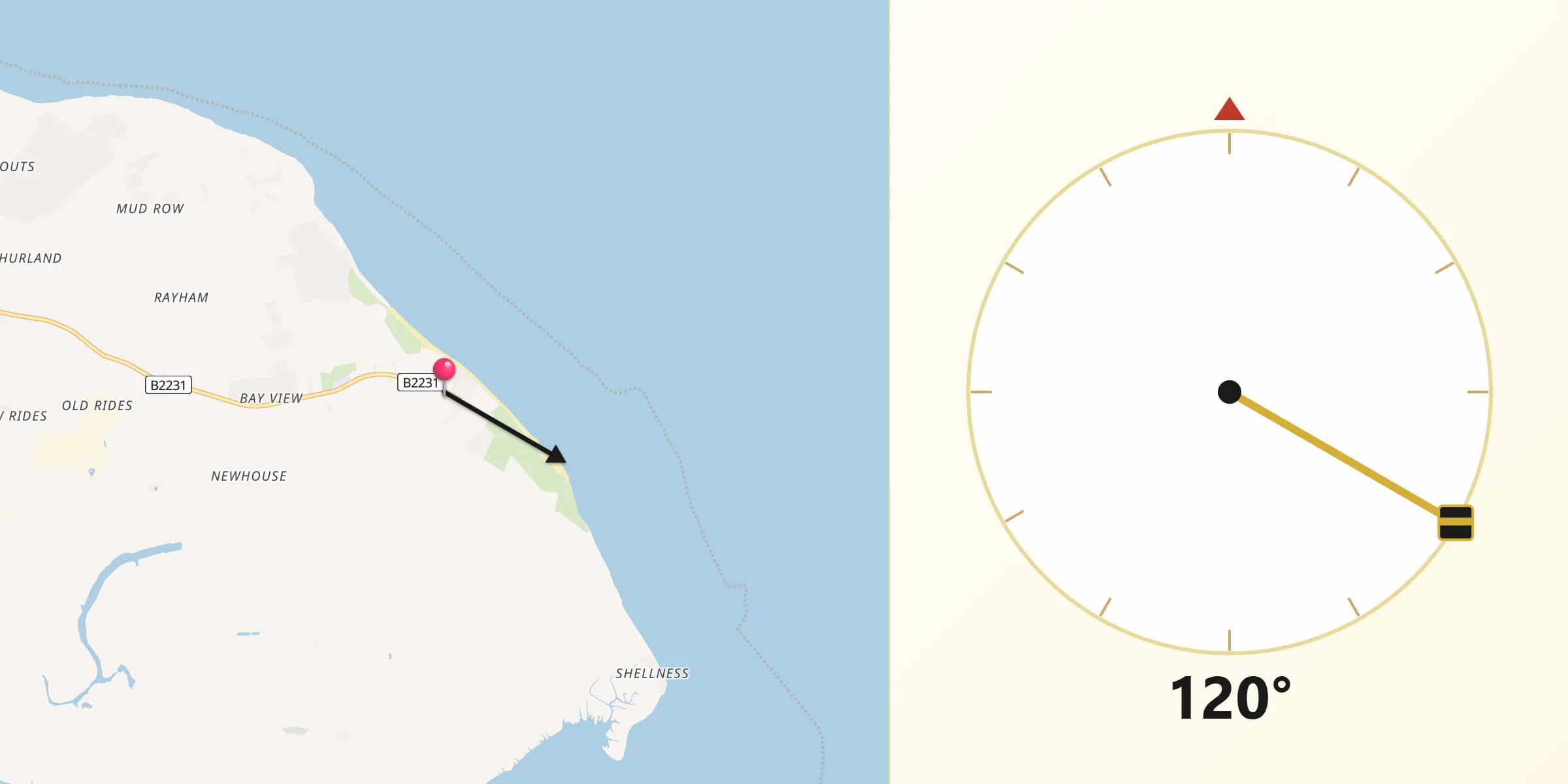 Qibla Direction from Leysdown-on-Sea