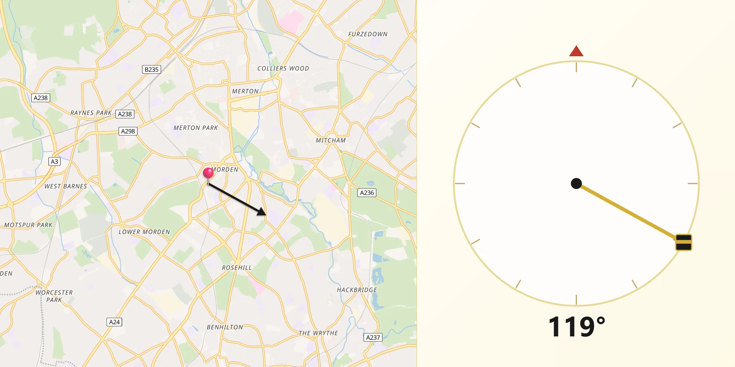 Qibla Direction from Morden