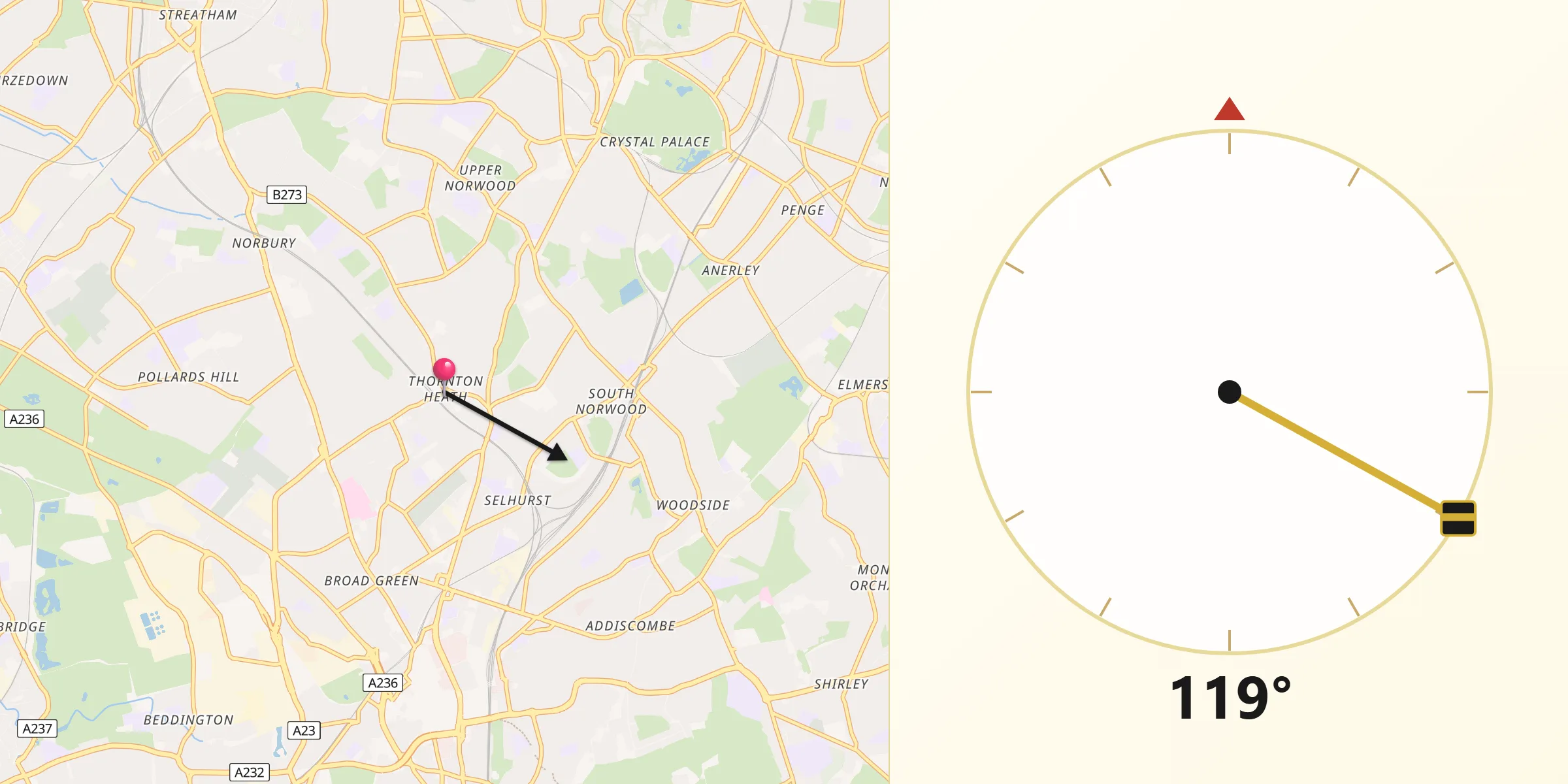 Qibla Direction from Thornton Heath