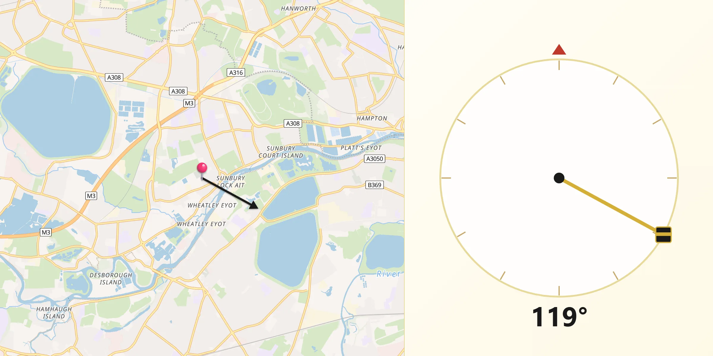 Qibla Direction from Sunbury-on-Thames