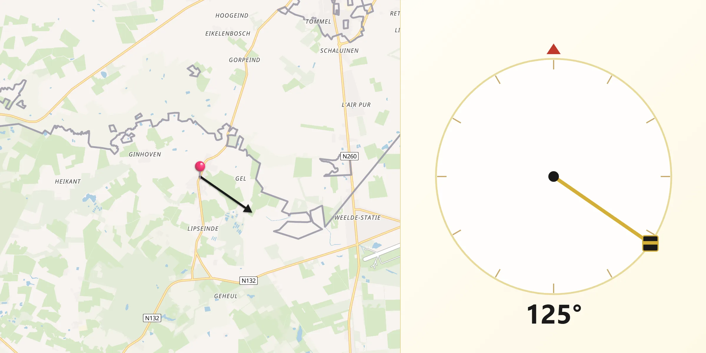 Qibla Richting vanaf Baarle-Hertog