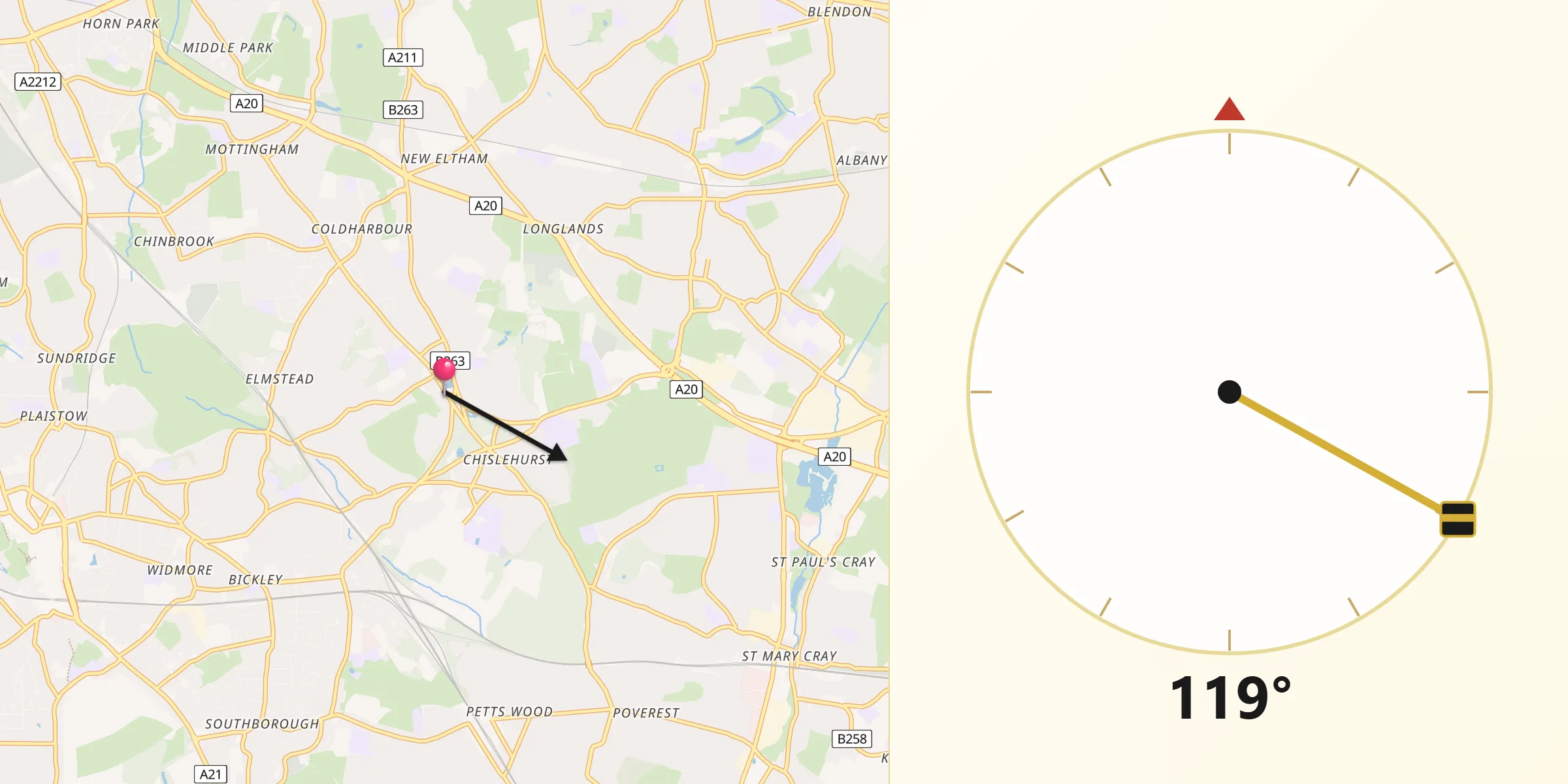 Qibla Direction from Chislehurst