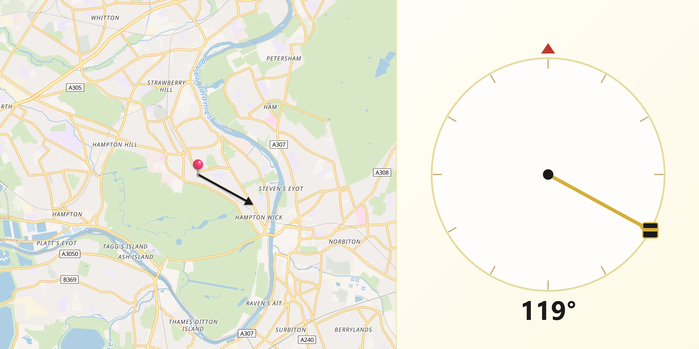 Qibla Direction from Teddington