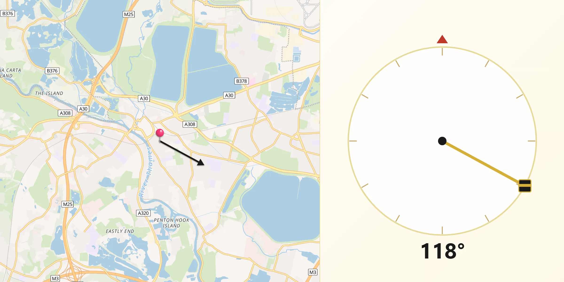 Qibla Direction from Staines-upon-Thames