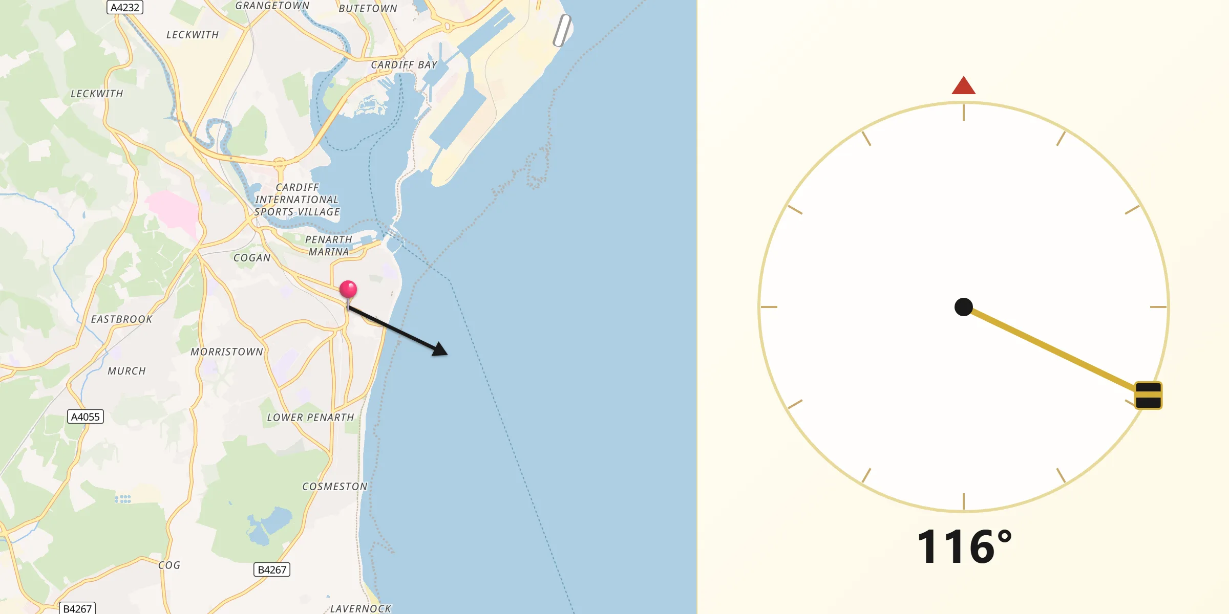 Qibla Direction from Penarth