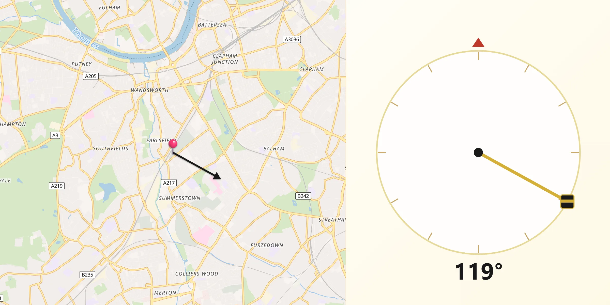 Qibla Direction from Earlsfield