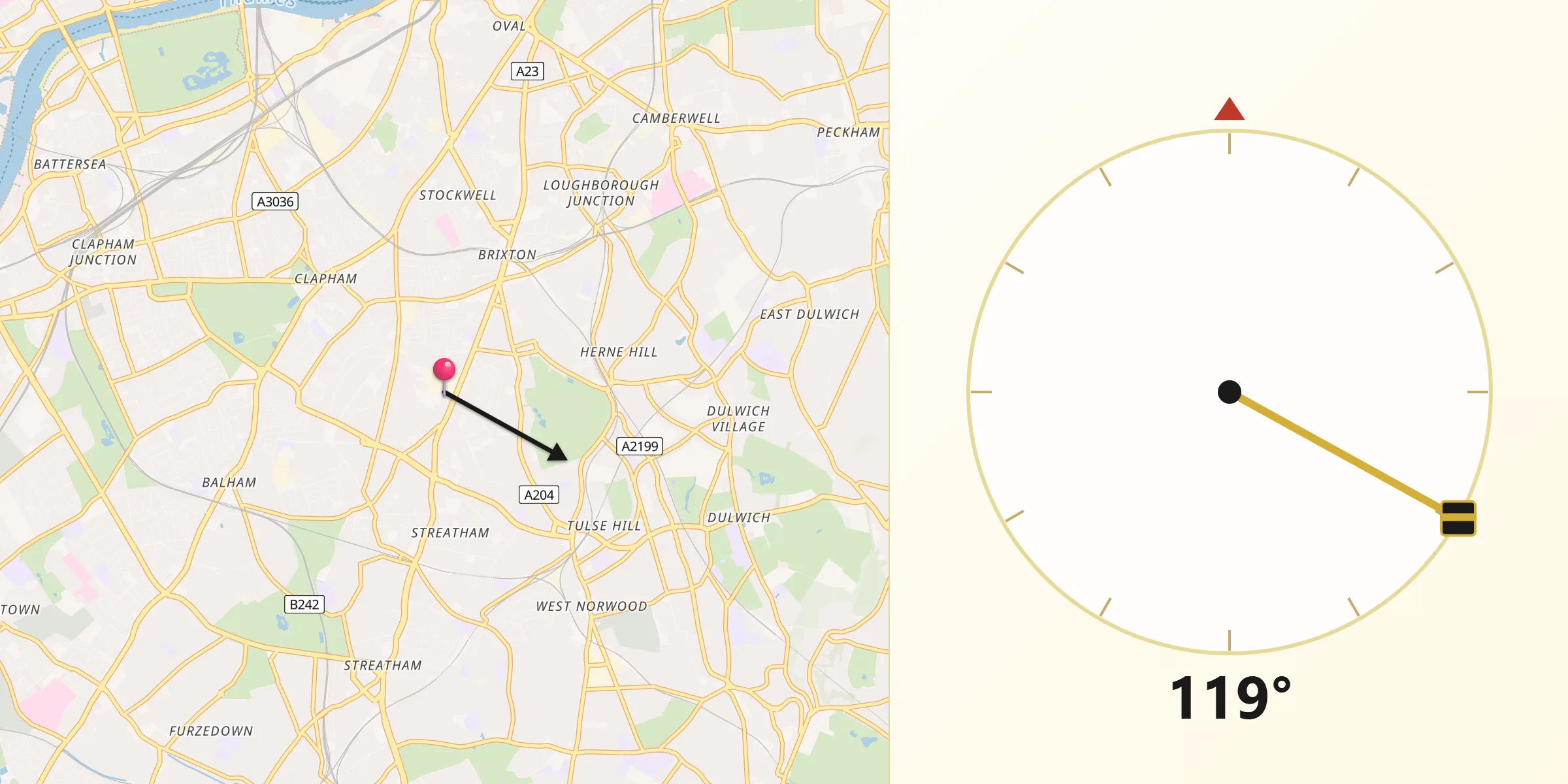 Qibla Direction from Brixton Hill