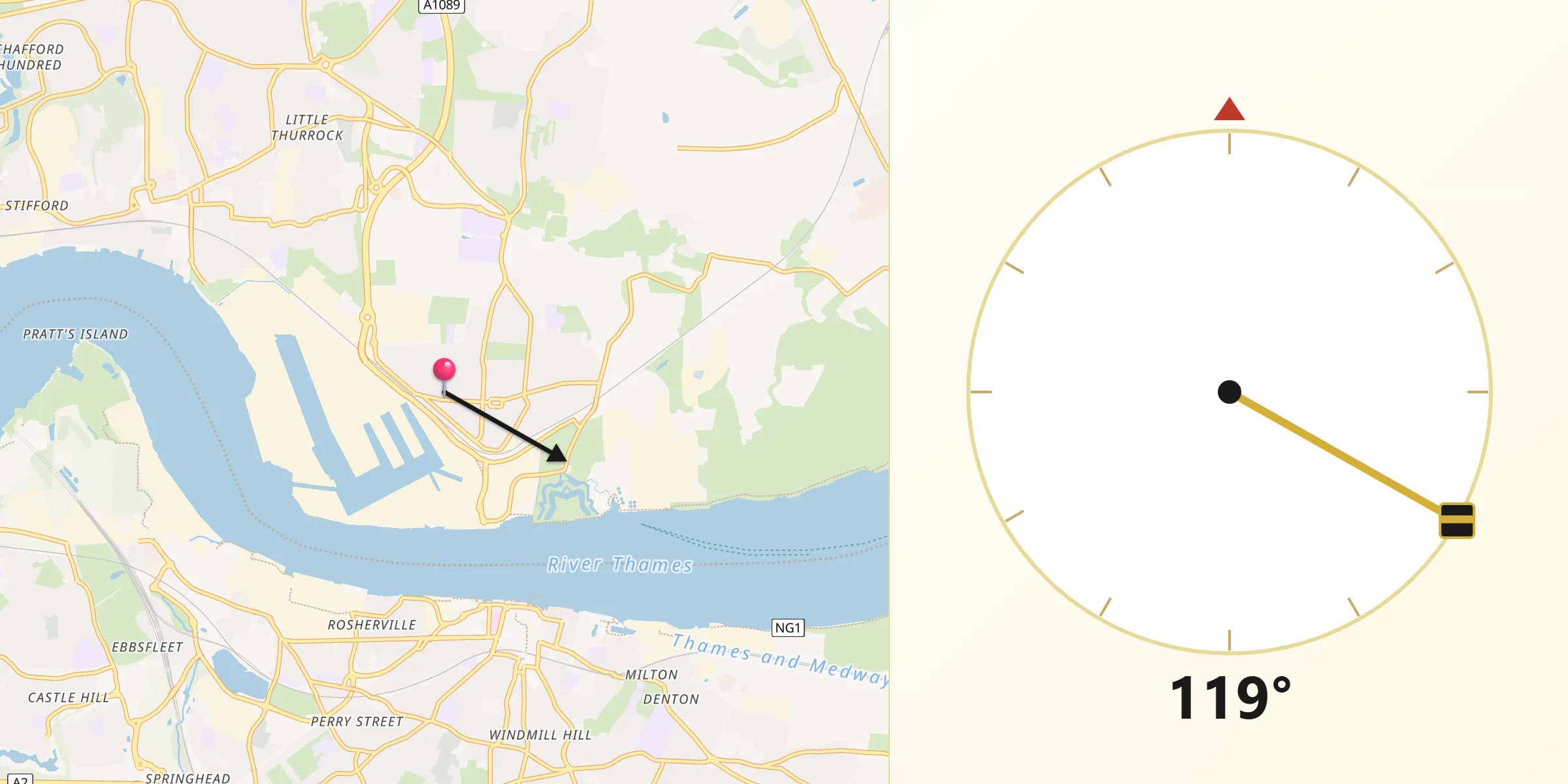 Qibla Direction from Tilbury
