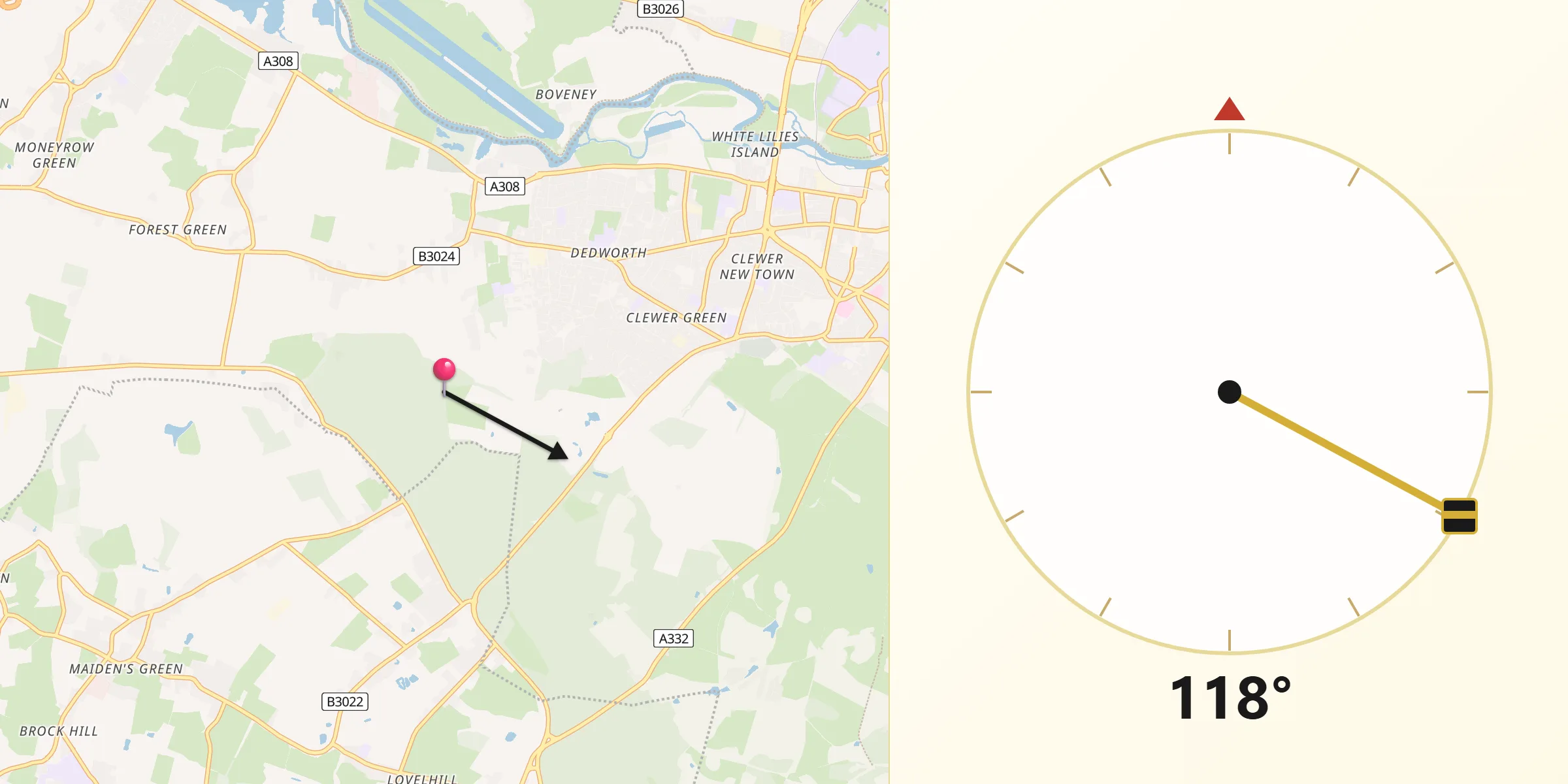 Qibla Direction from Royal Borough of Windsor and Maidenhead