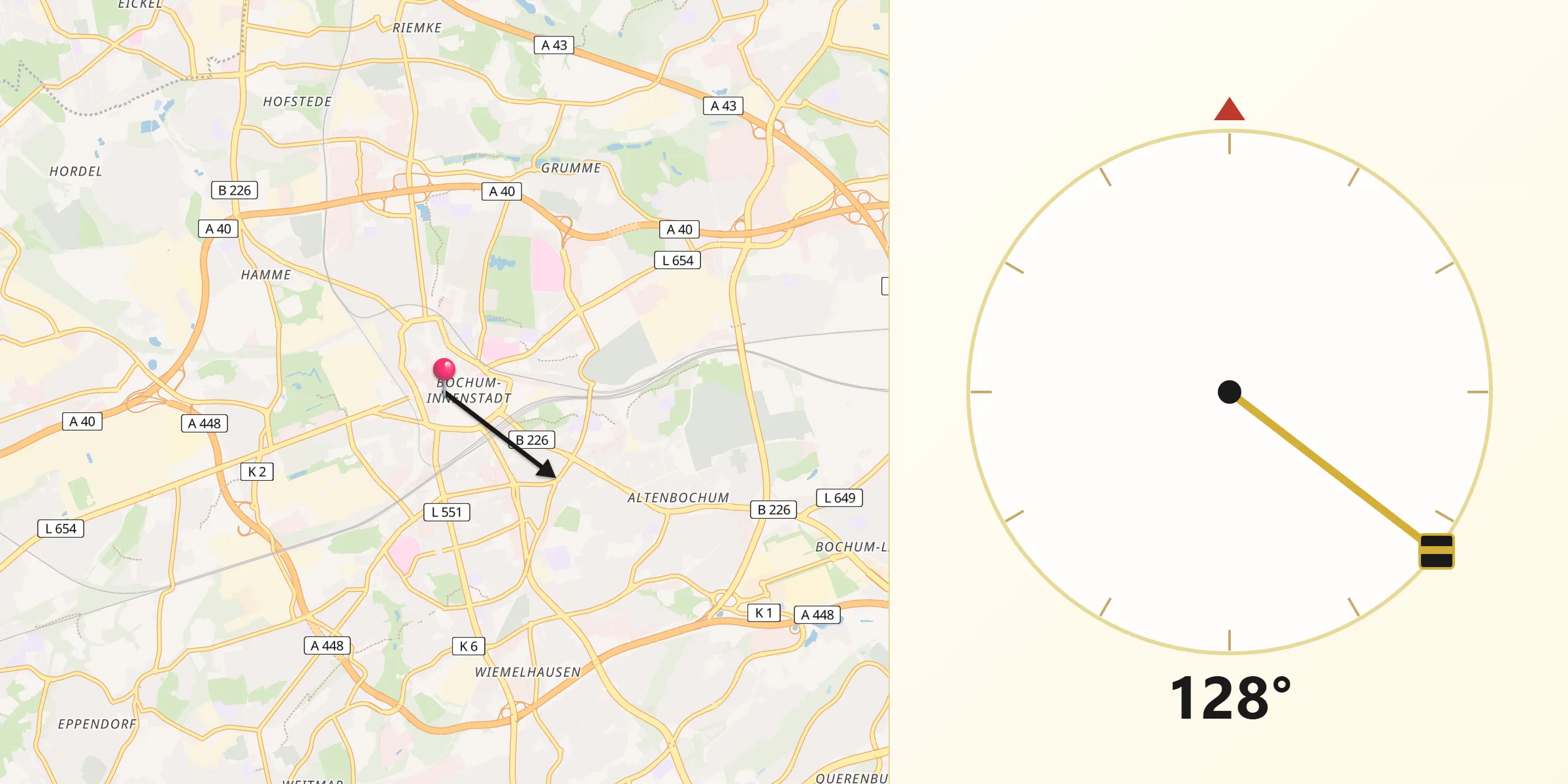 Direção da Qibla a partir de Bochum
