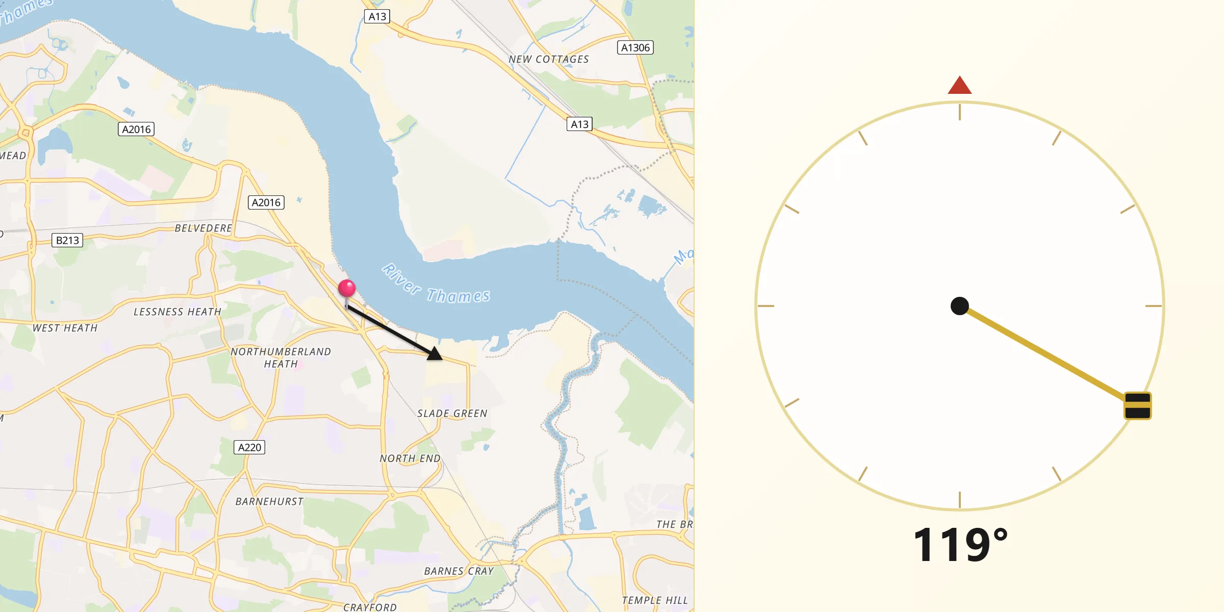 Qibla Direction from Erith