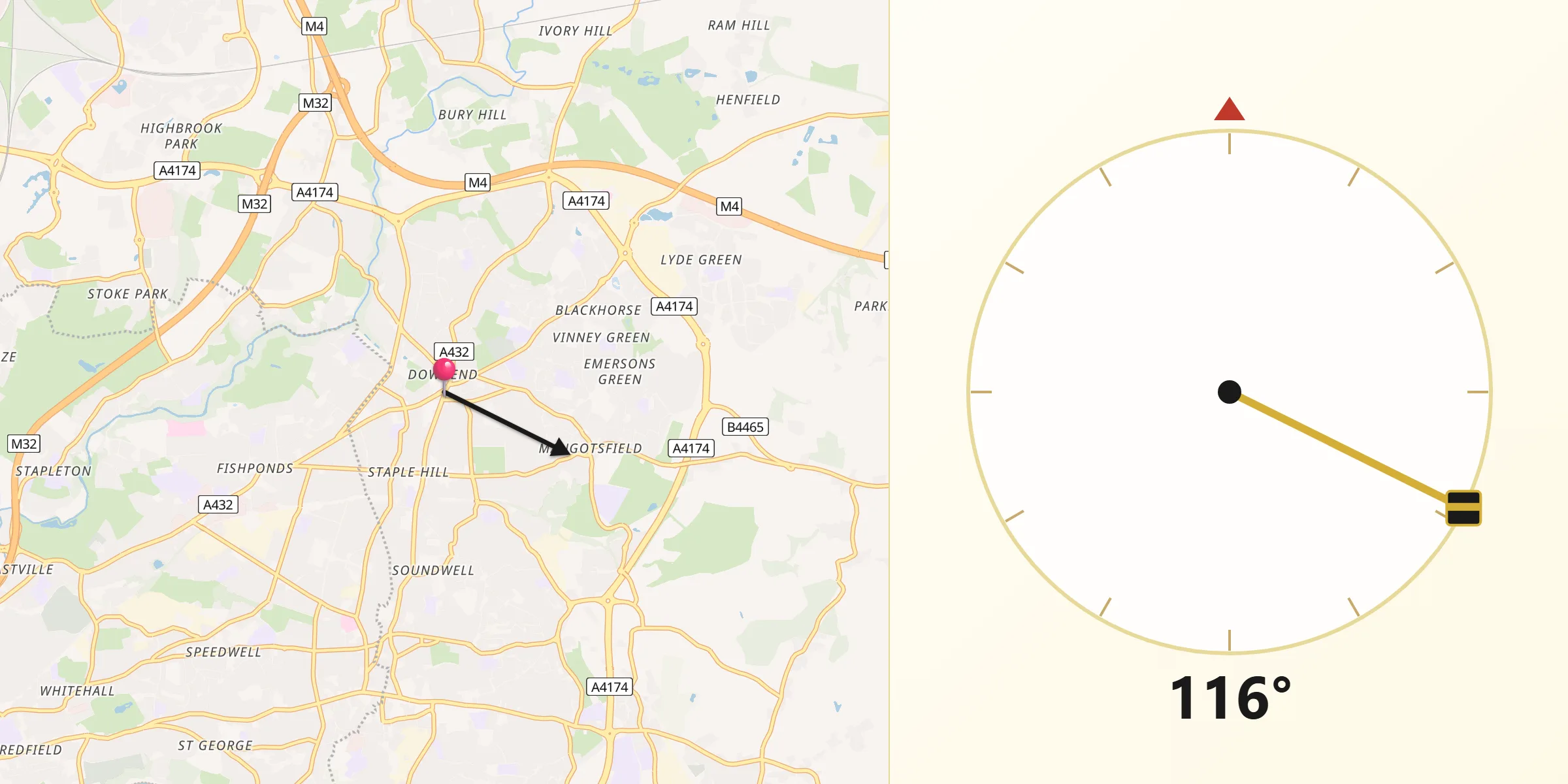 Qibla Direction from Mangotsfield