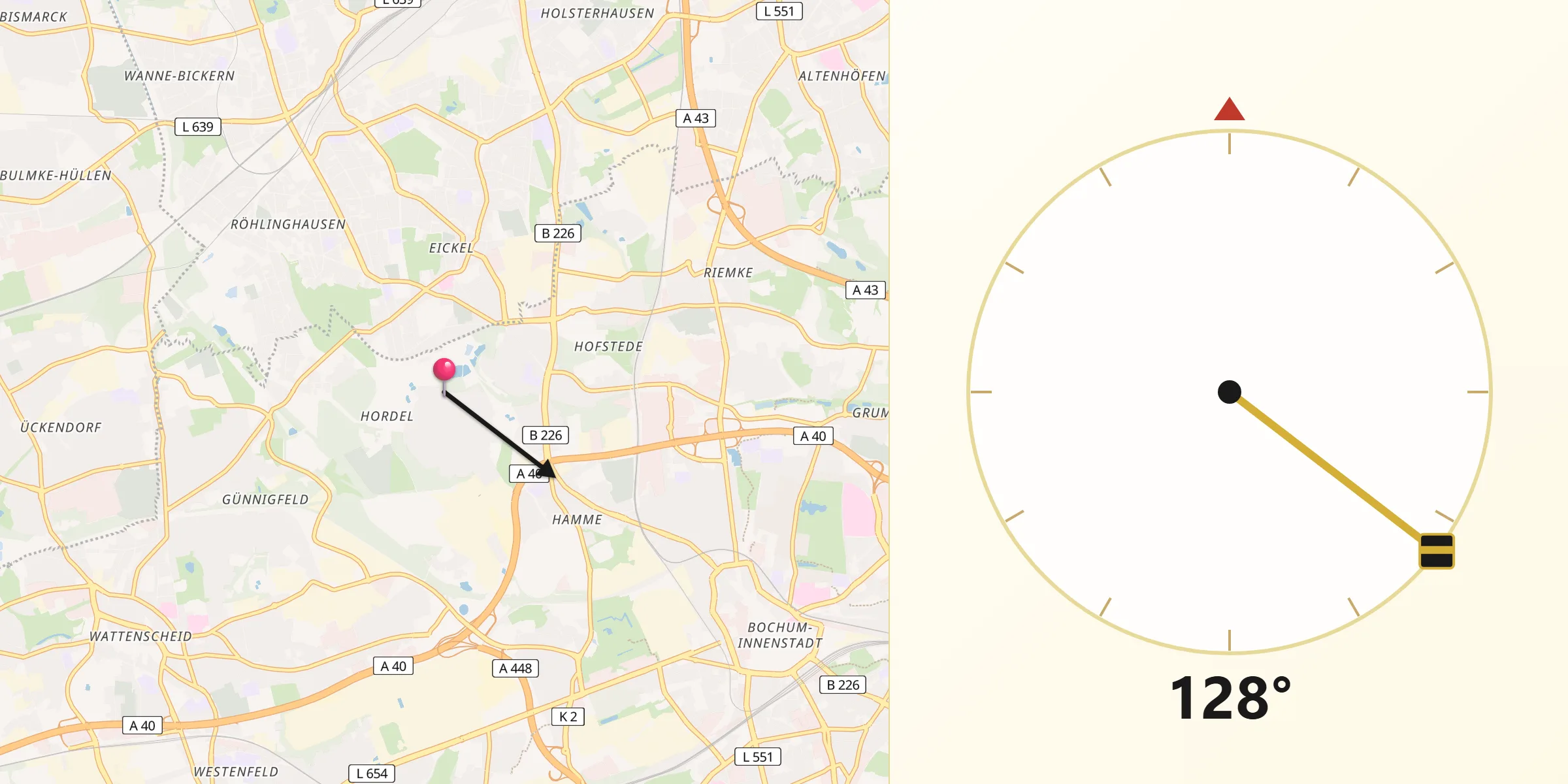 Qibla-Richtung von Bochum-Hordel