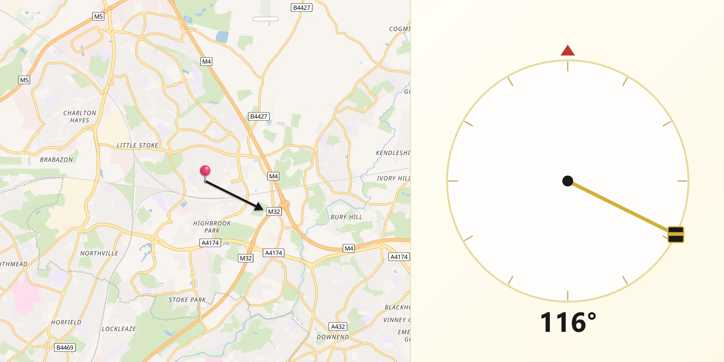 Qibla Direction from Stoke Gifford