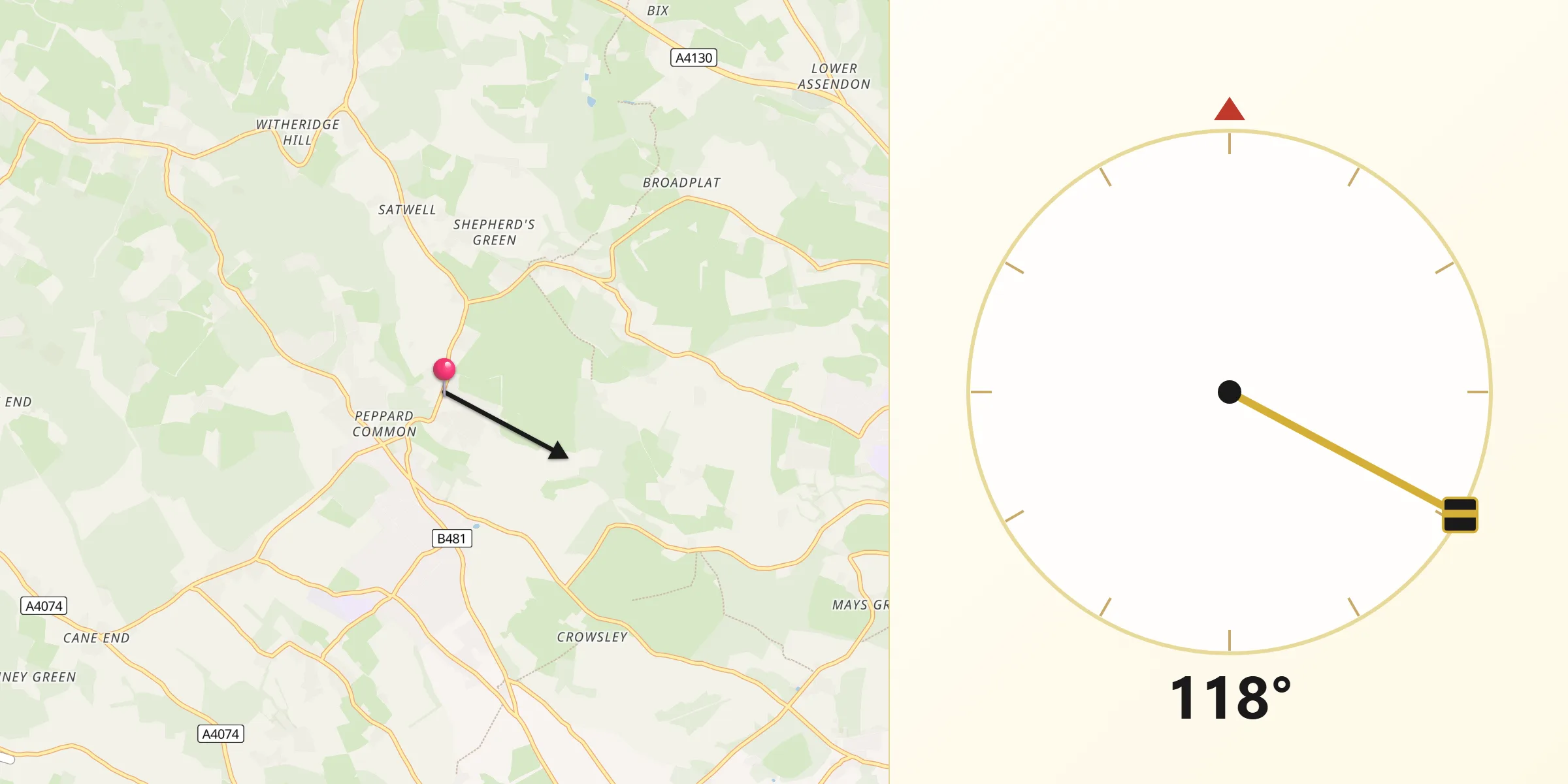 Qibla Direction from Rotherfield Peppard