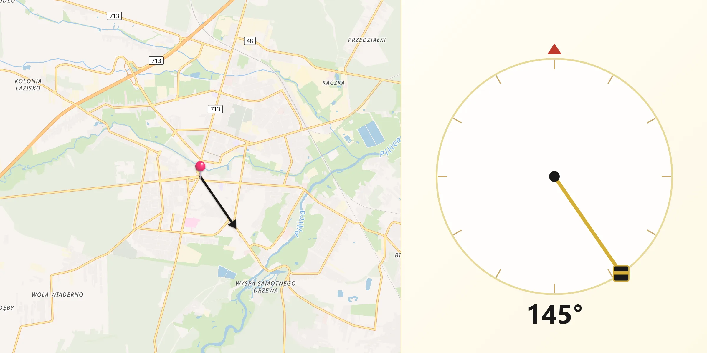 Kierunek Qibla z Tomaszów Mazowiecki
