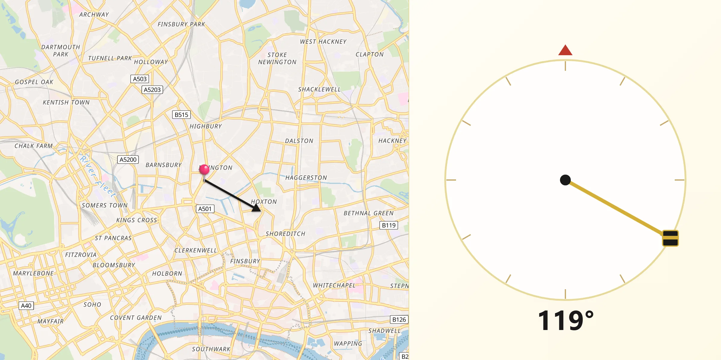 Direction vers la Qibla depuis District londonien d'Islington