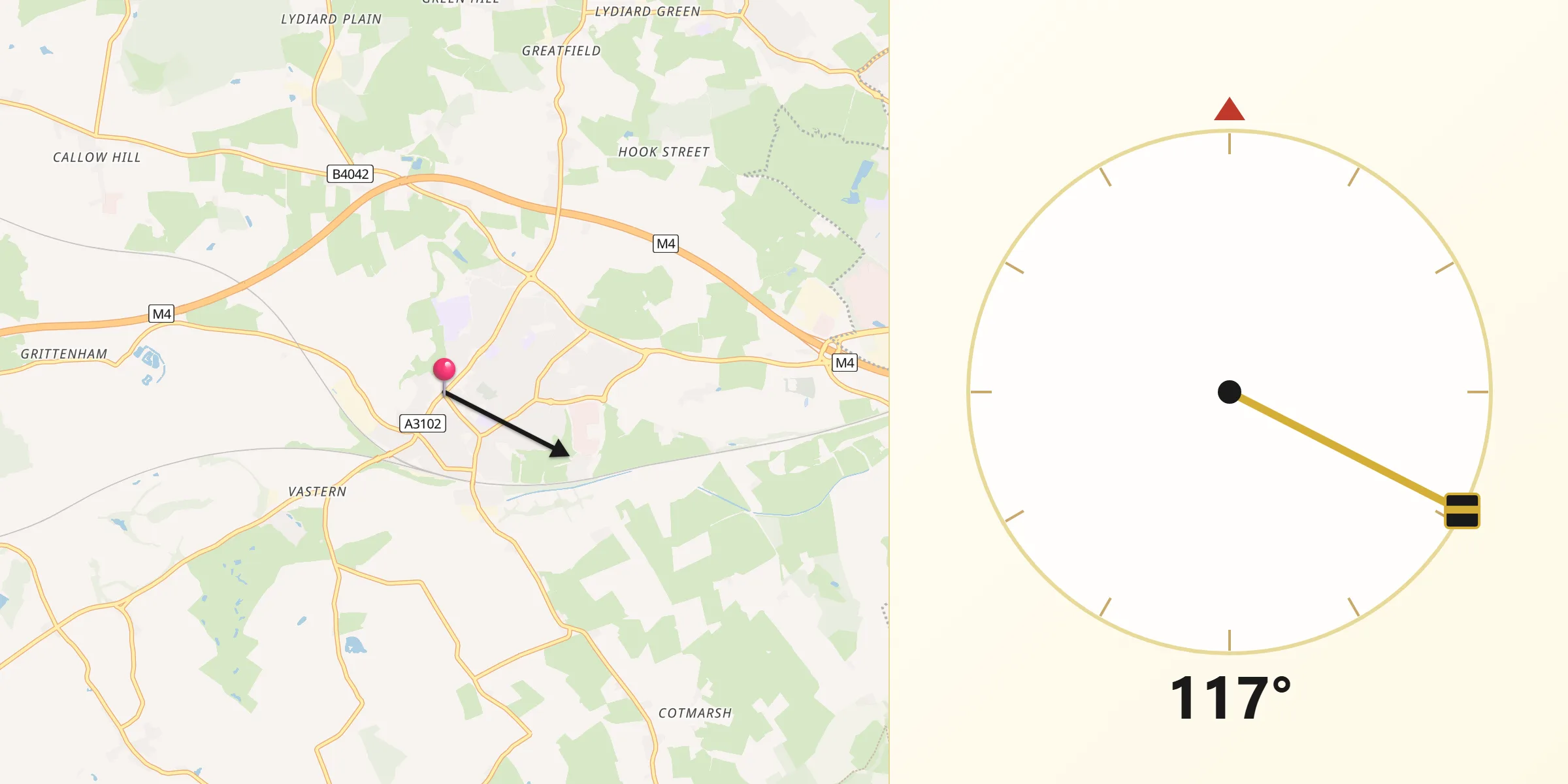 Qibla Direction from Royal Wootton Bassett