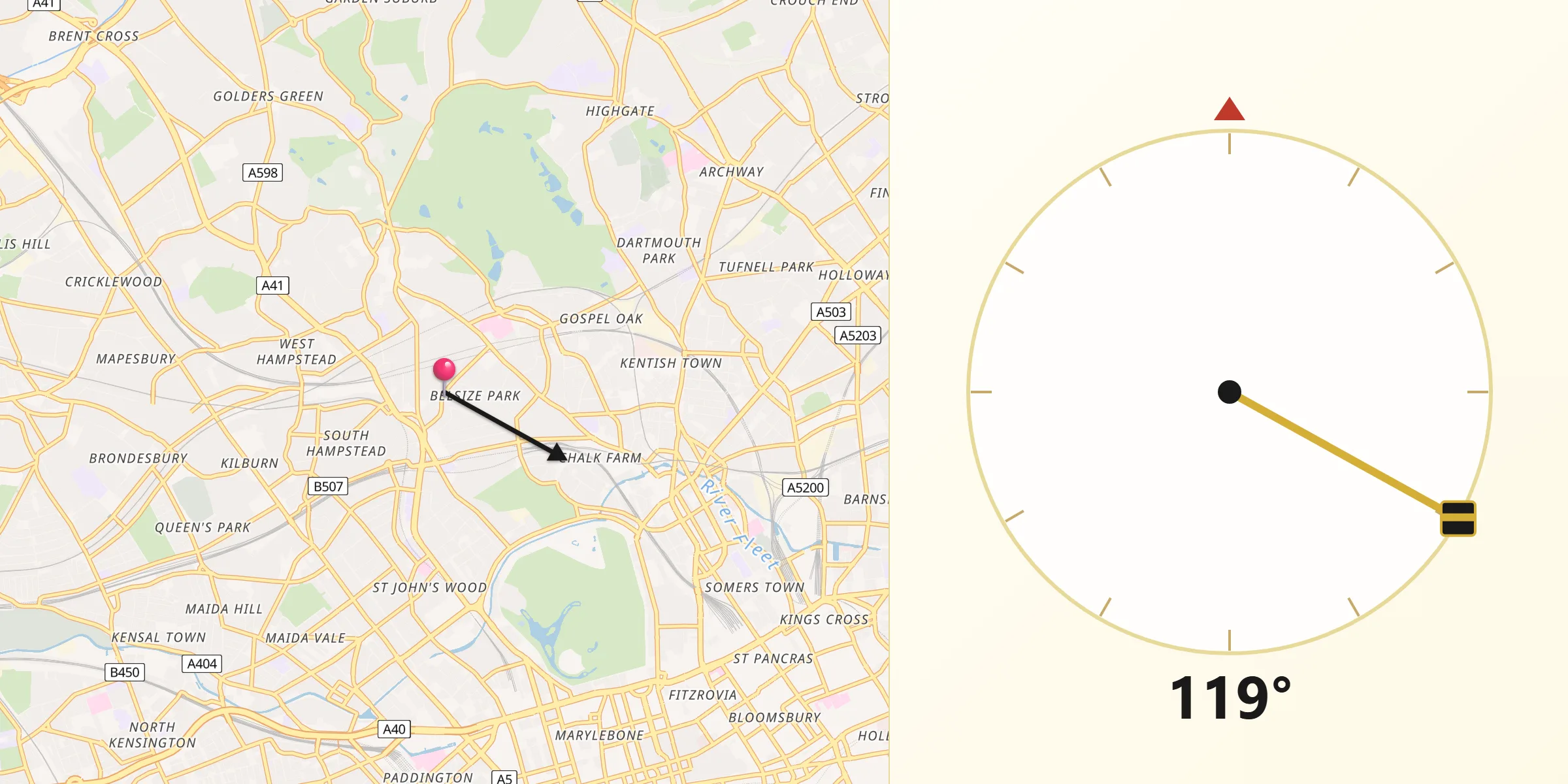 Qibla Direction from Belsize Park