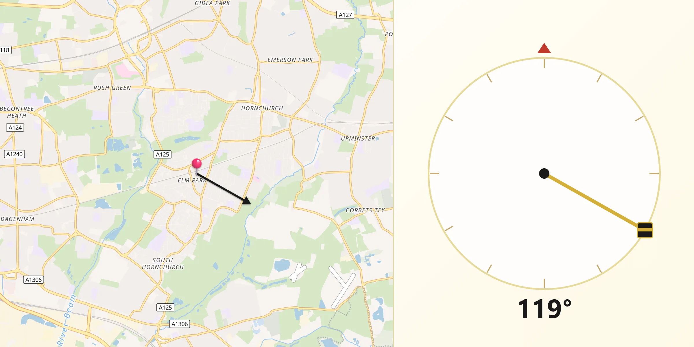 Qibla Direction from Elm Park
