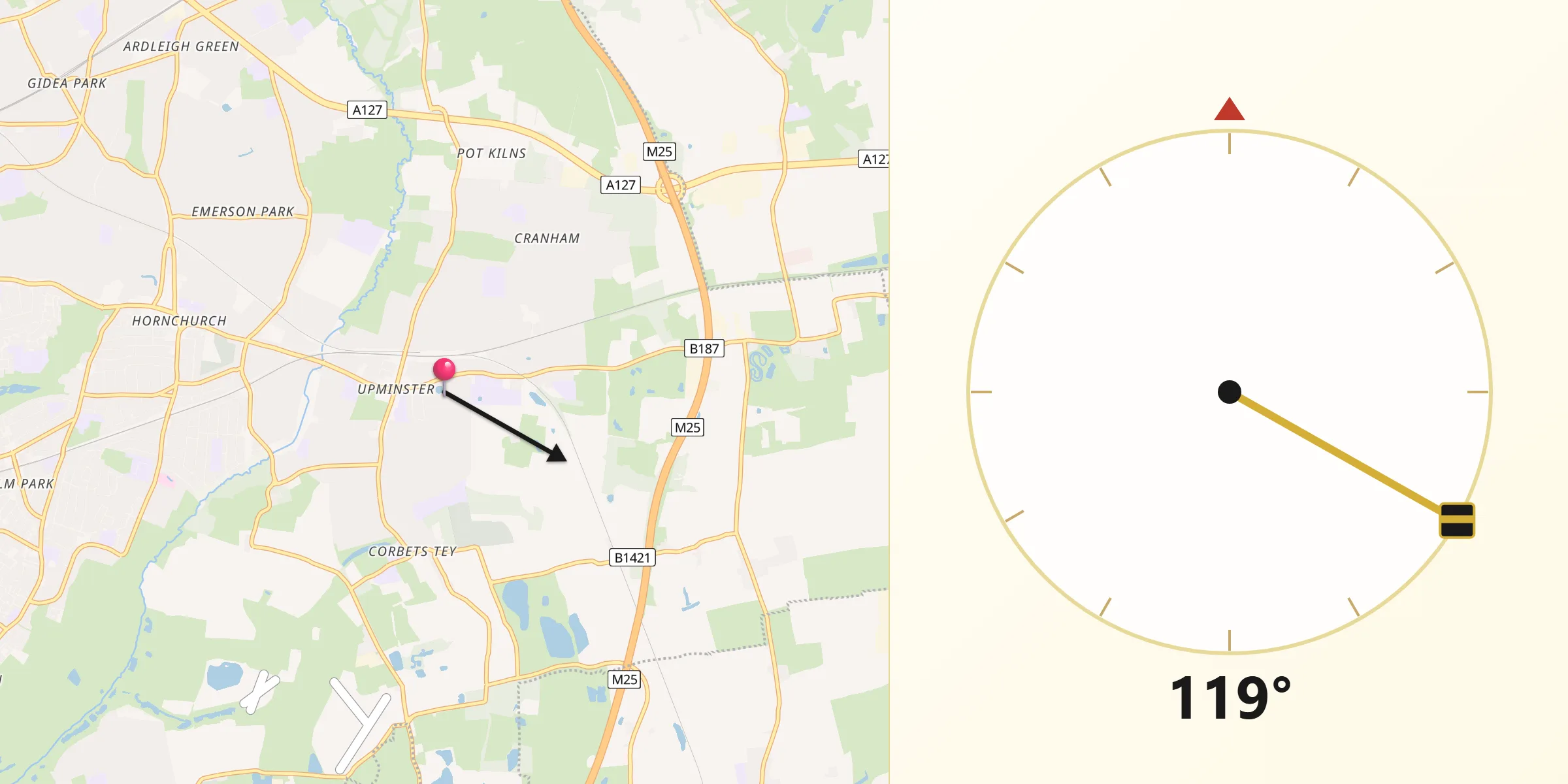 Qibla Direction from Upminster