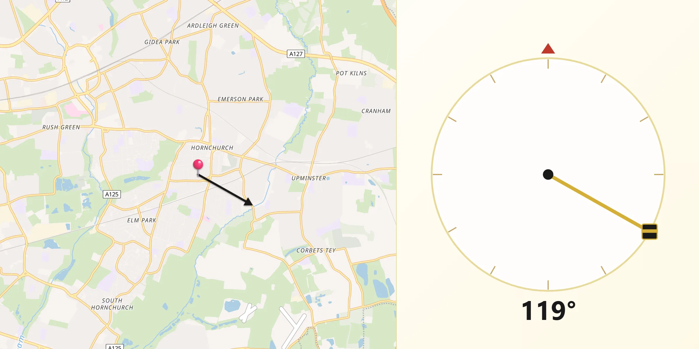 Qibla Direction from Hornchurch