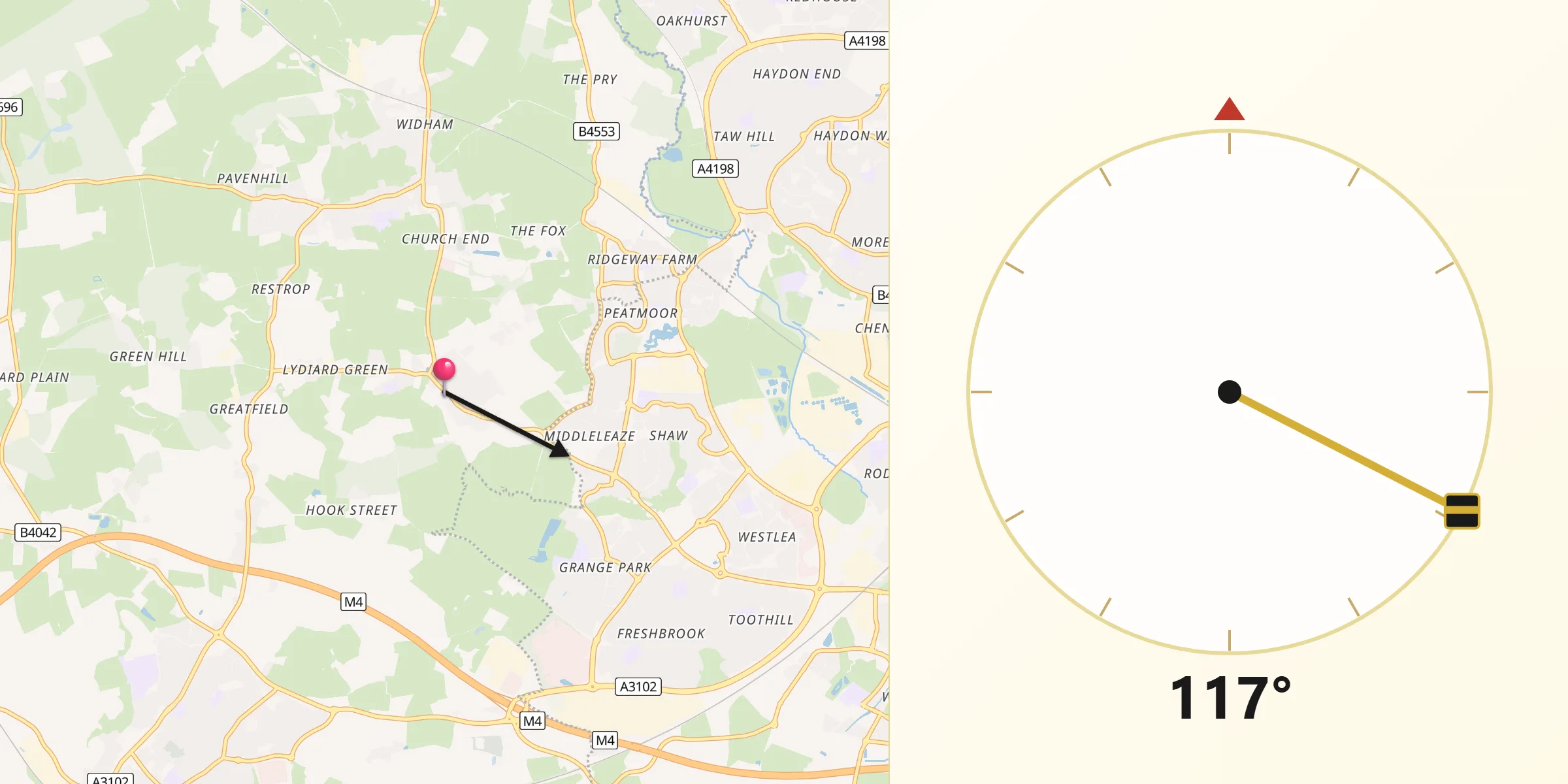 Qibla Direction from Lydiard Millicent