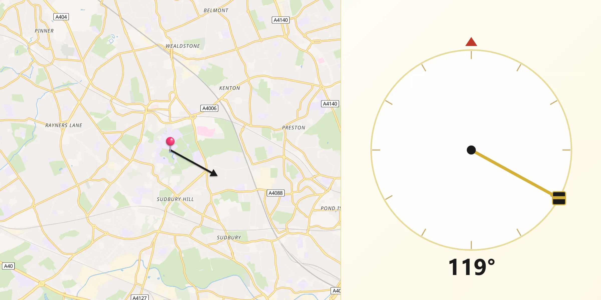 Qibla Direction from Harrow on the Hill