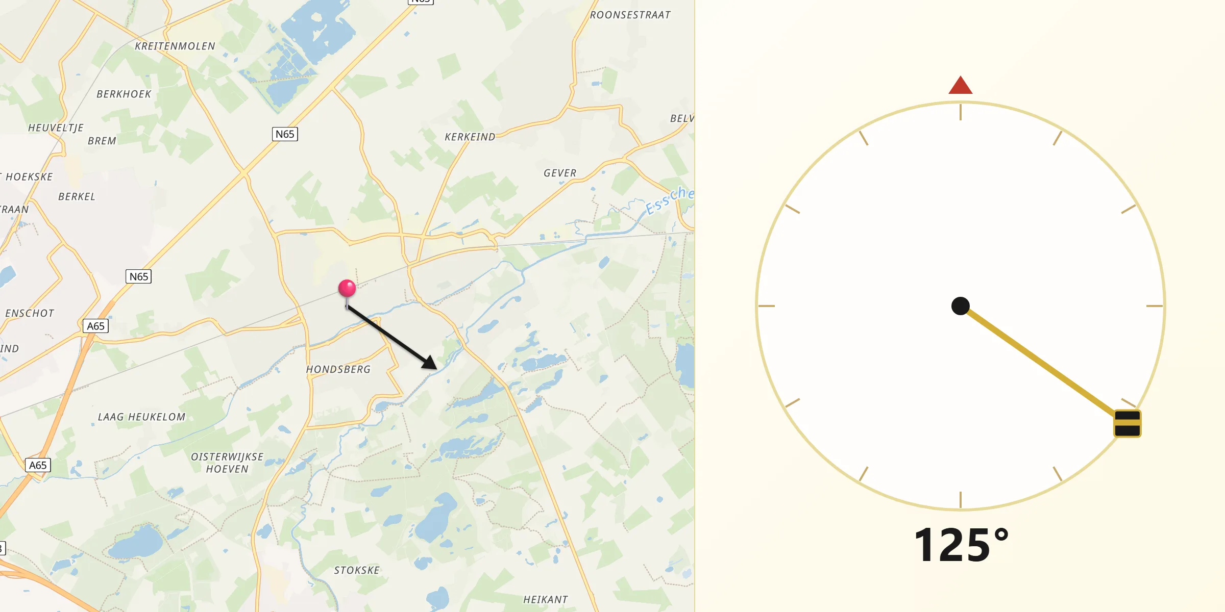 Qibla Richting vanaf Oisterwijk