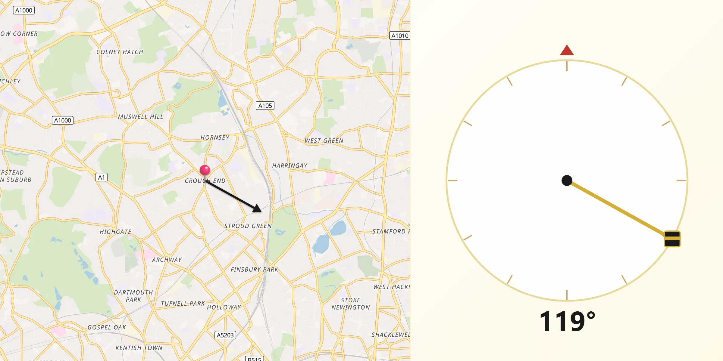 Qibla Direction from Crouch End