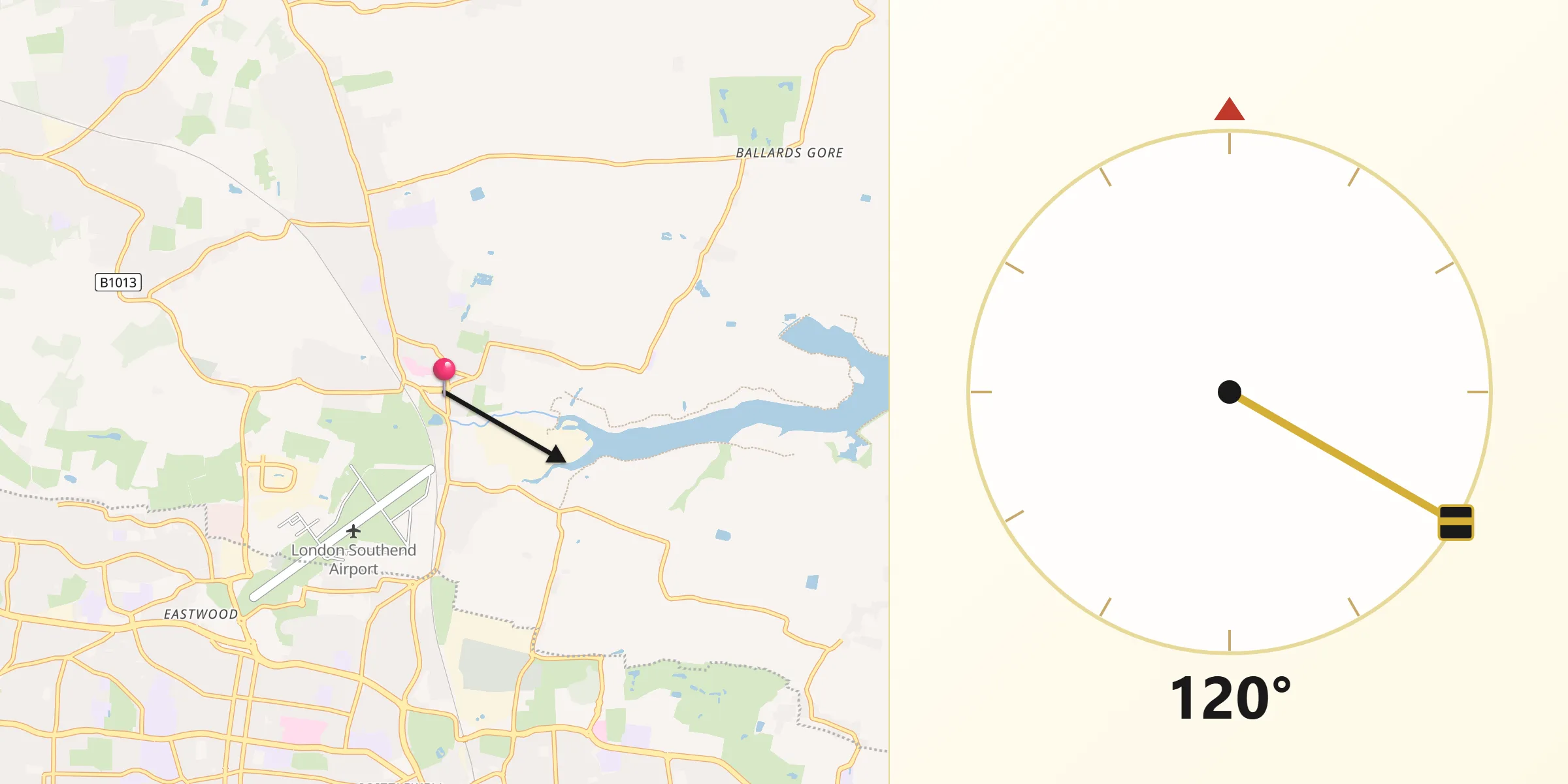 Qibla Direction from Rochford