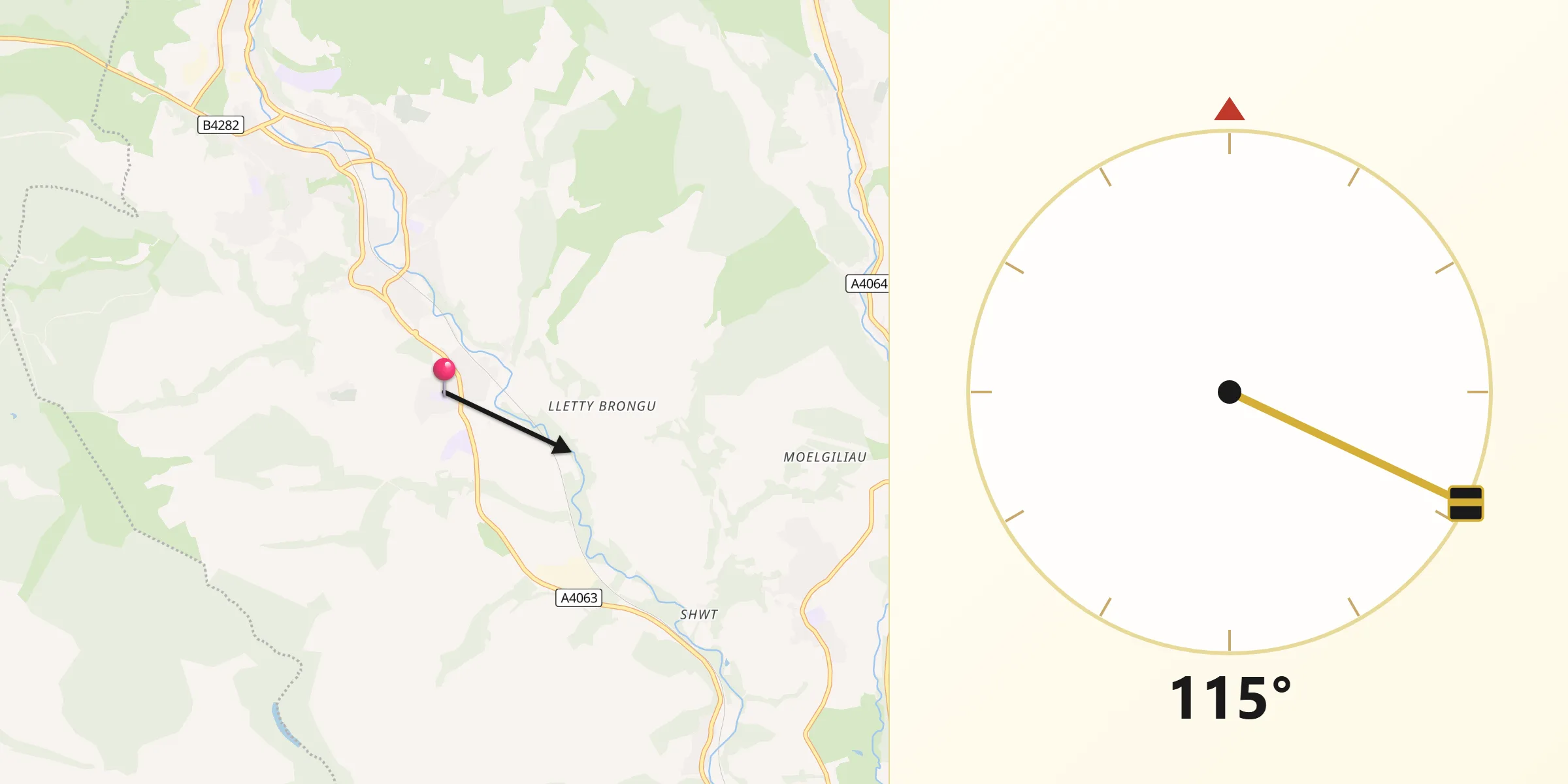 Qibla Direction from Pont Rhyd-y-cyff