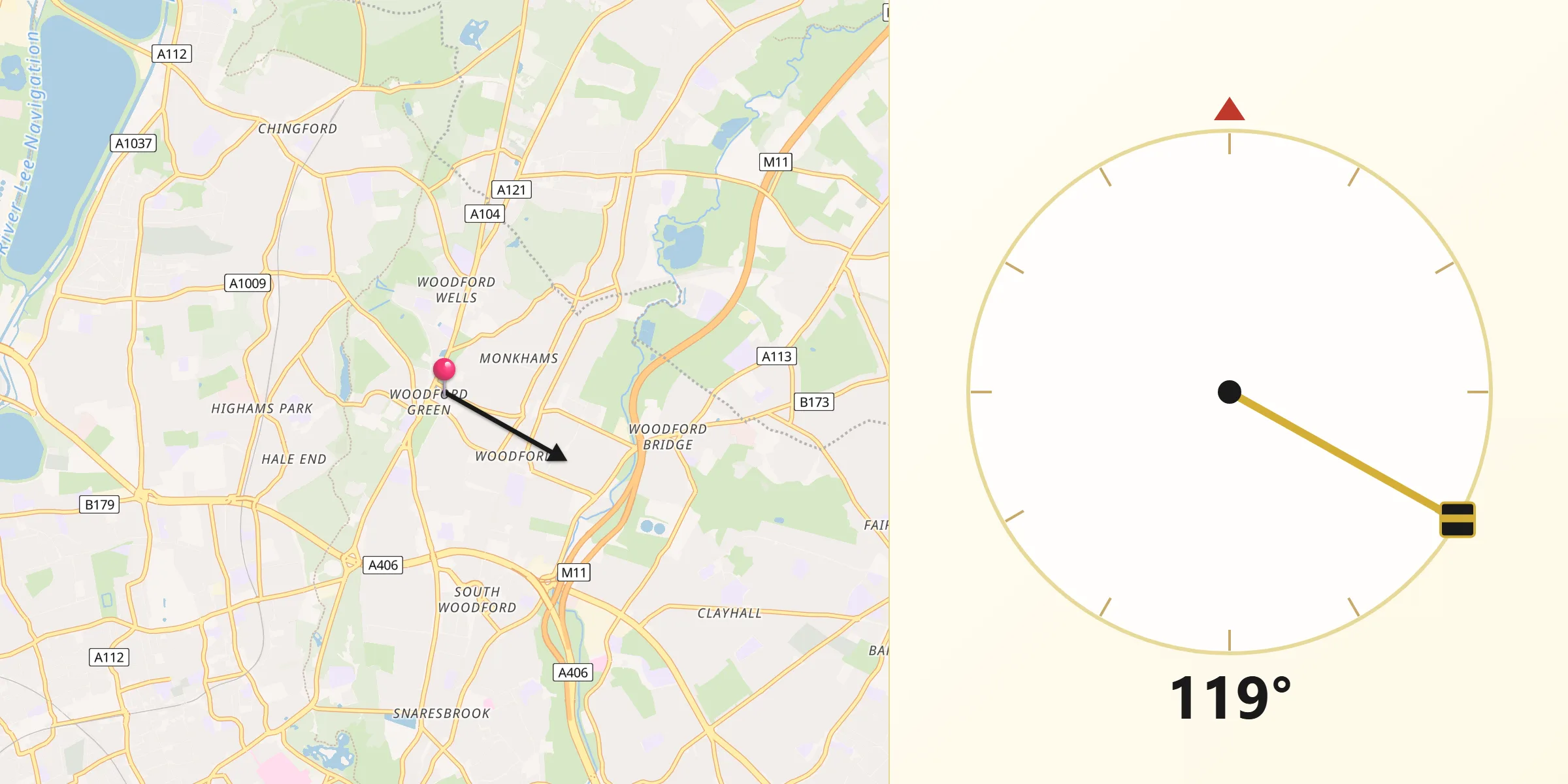 Qibla Direction from Woodford Green