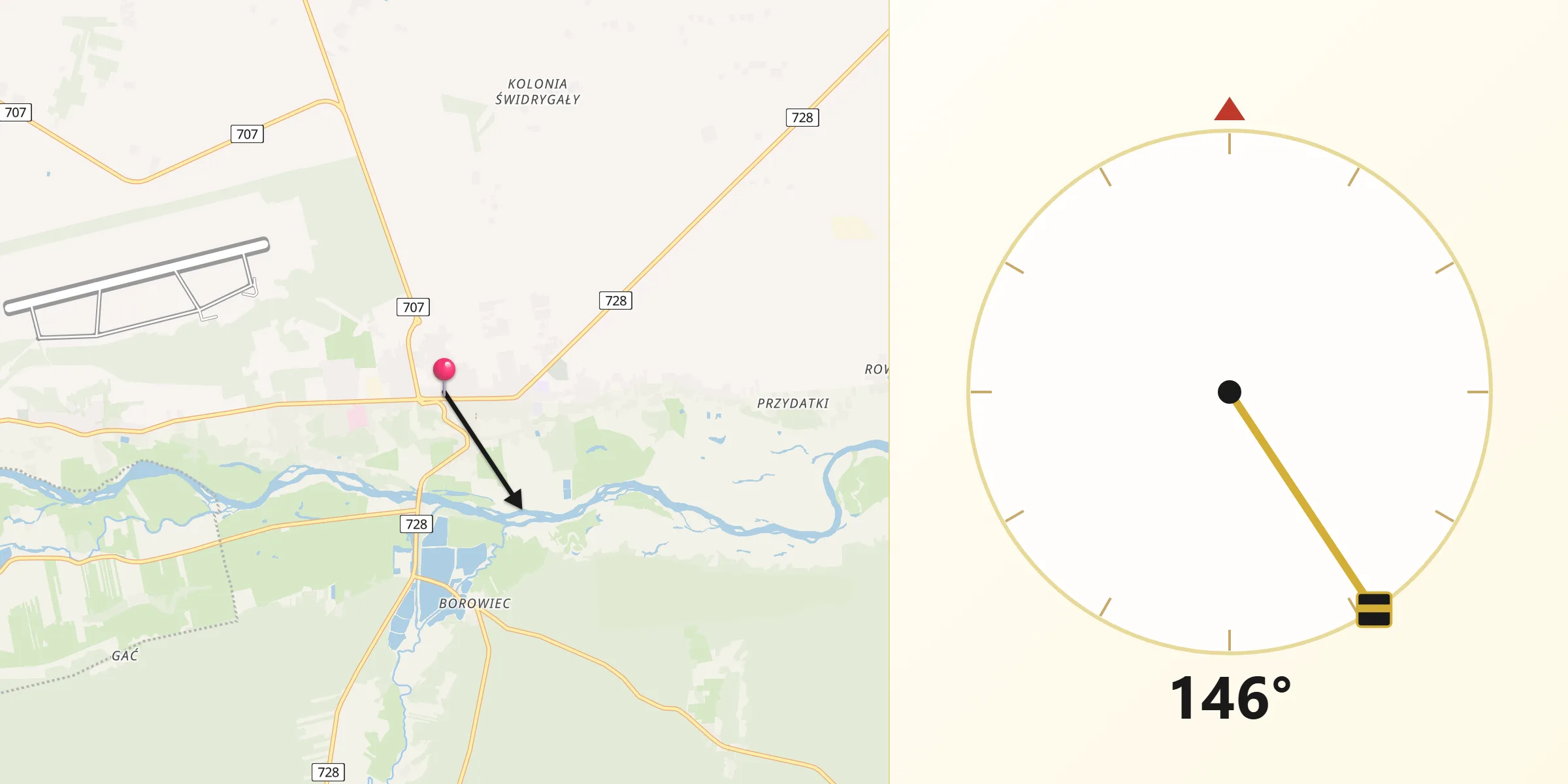 Kierunek Qibla z Nowe Miasto nad Pilicą