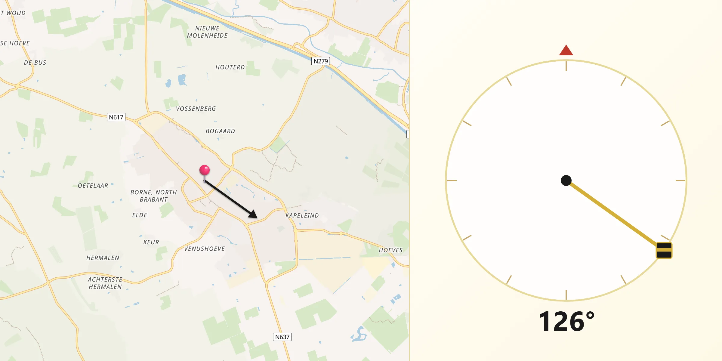 Qibla Richting vanaf Schijndel