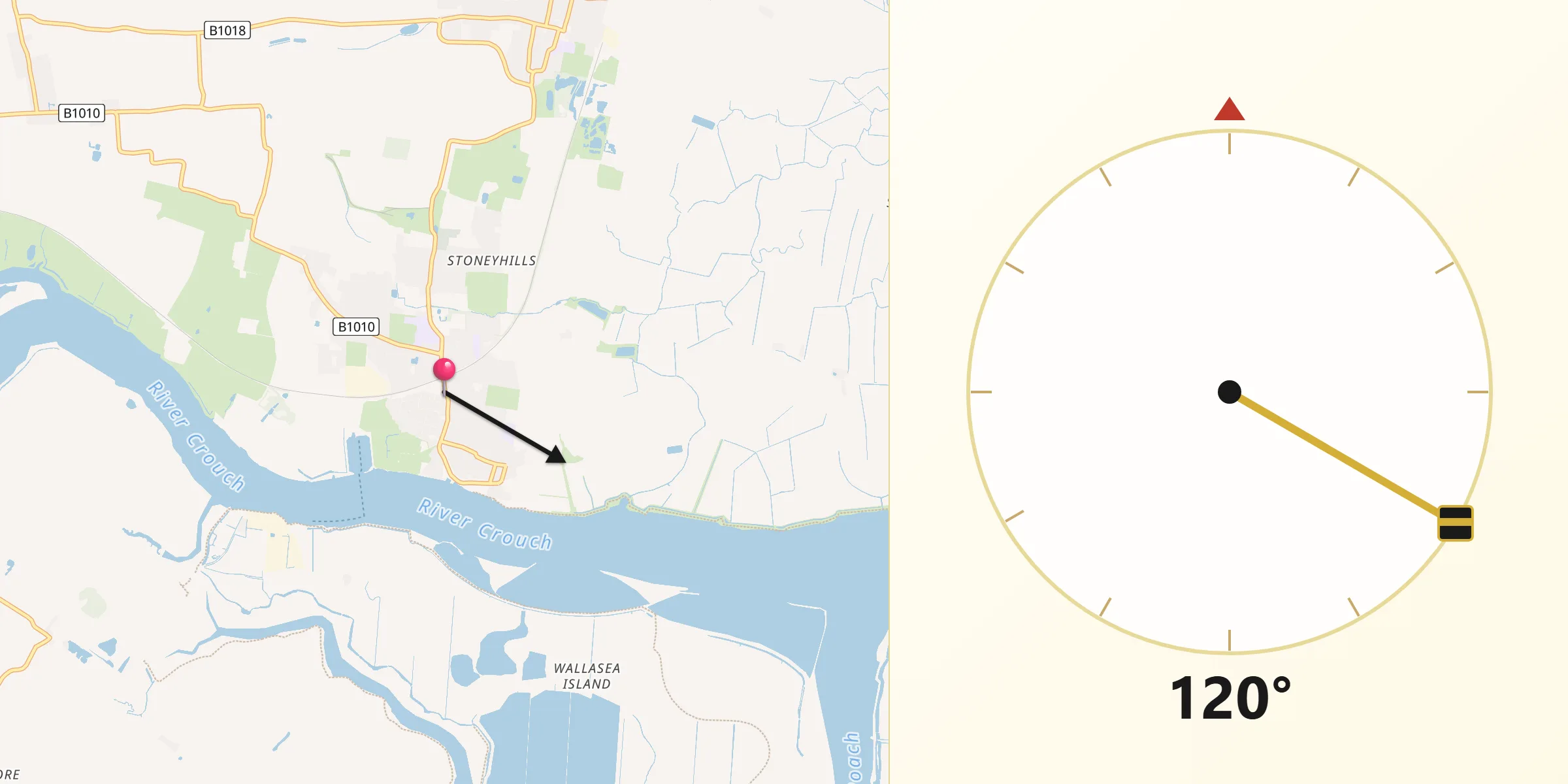 Qibla Direction from Burnham-on-Crouch