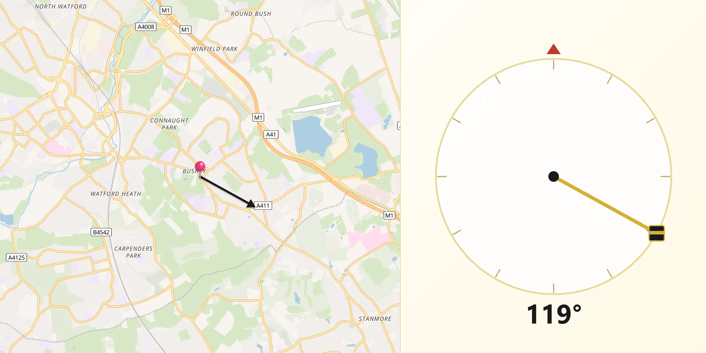 Qibla Direction from Bushey