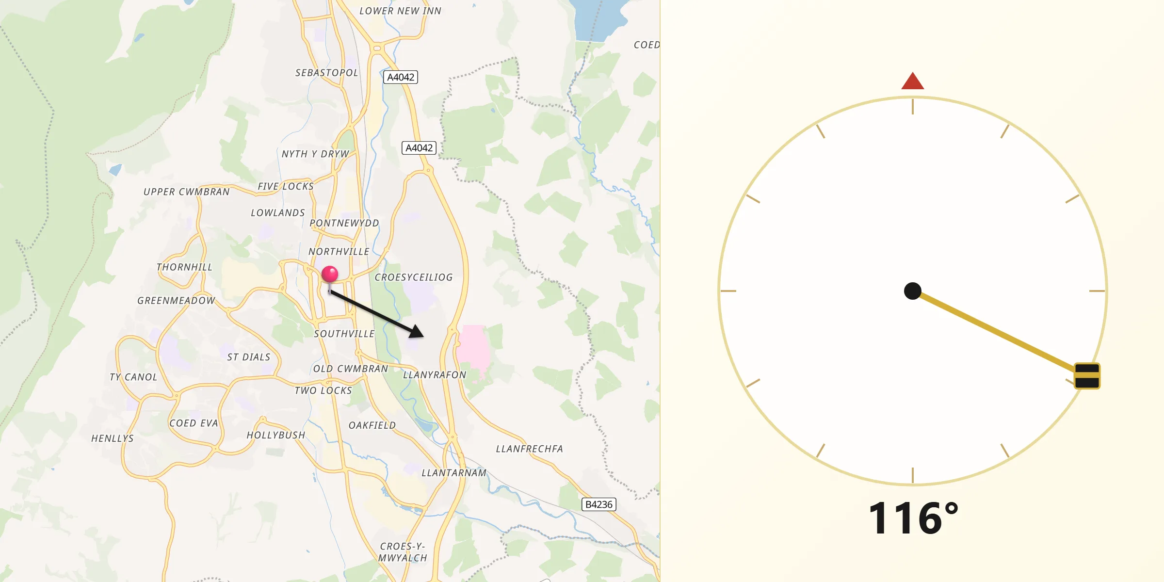 Qibla Direction from Cwmbran